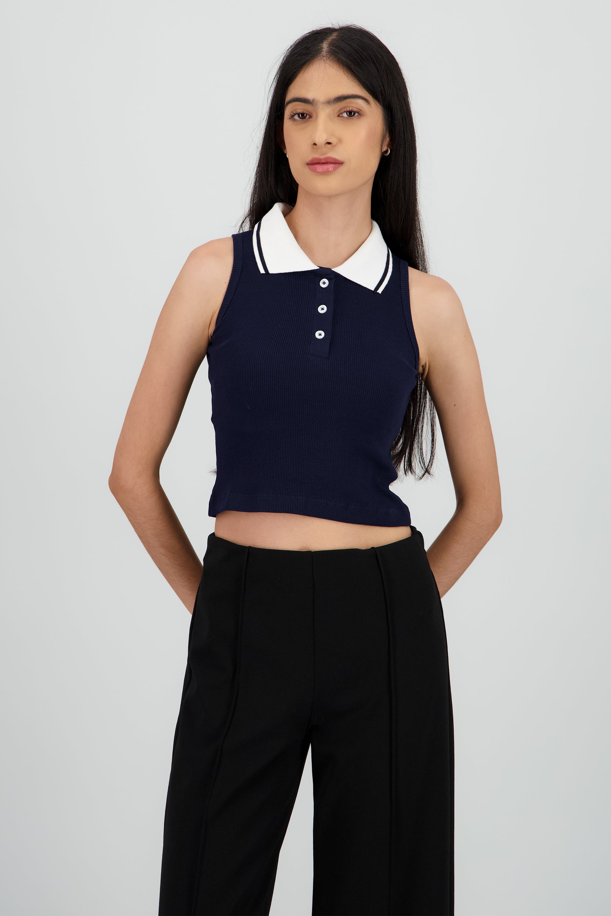 Top sin mangas cuello polo contraste MARINO