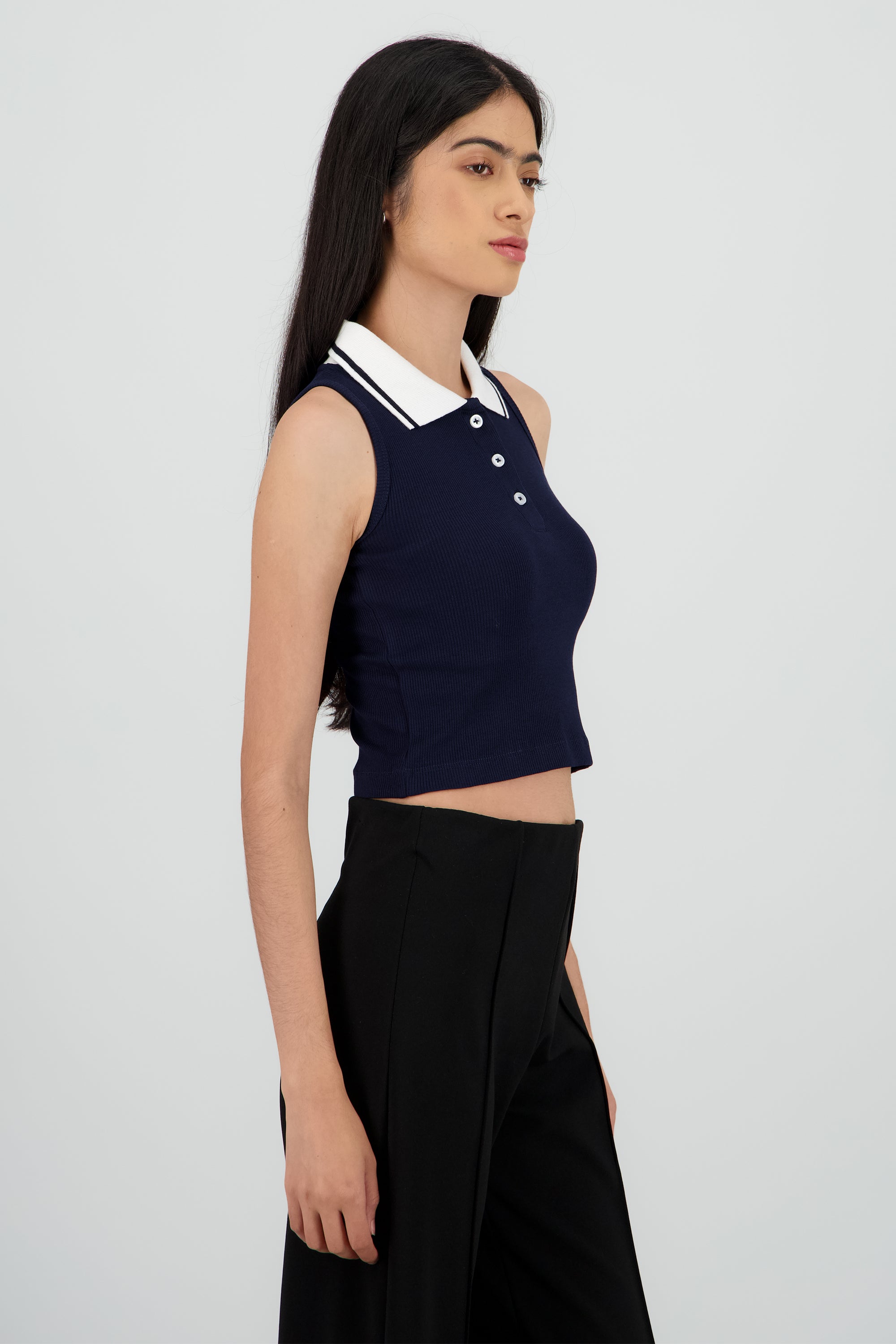 Top sin mangas cuello polo contraste MARINO