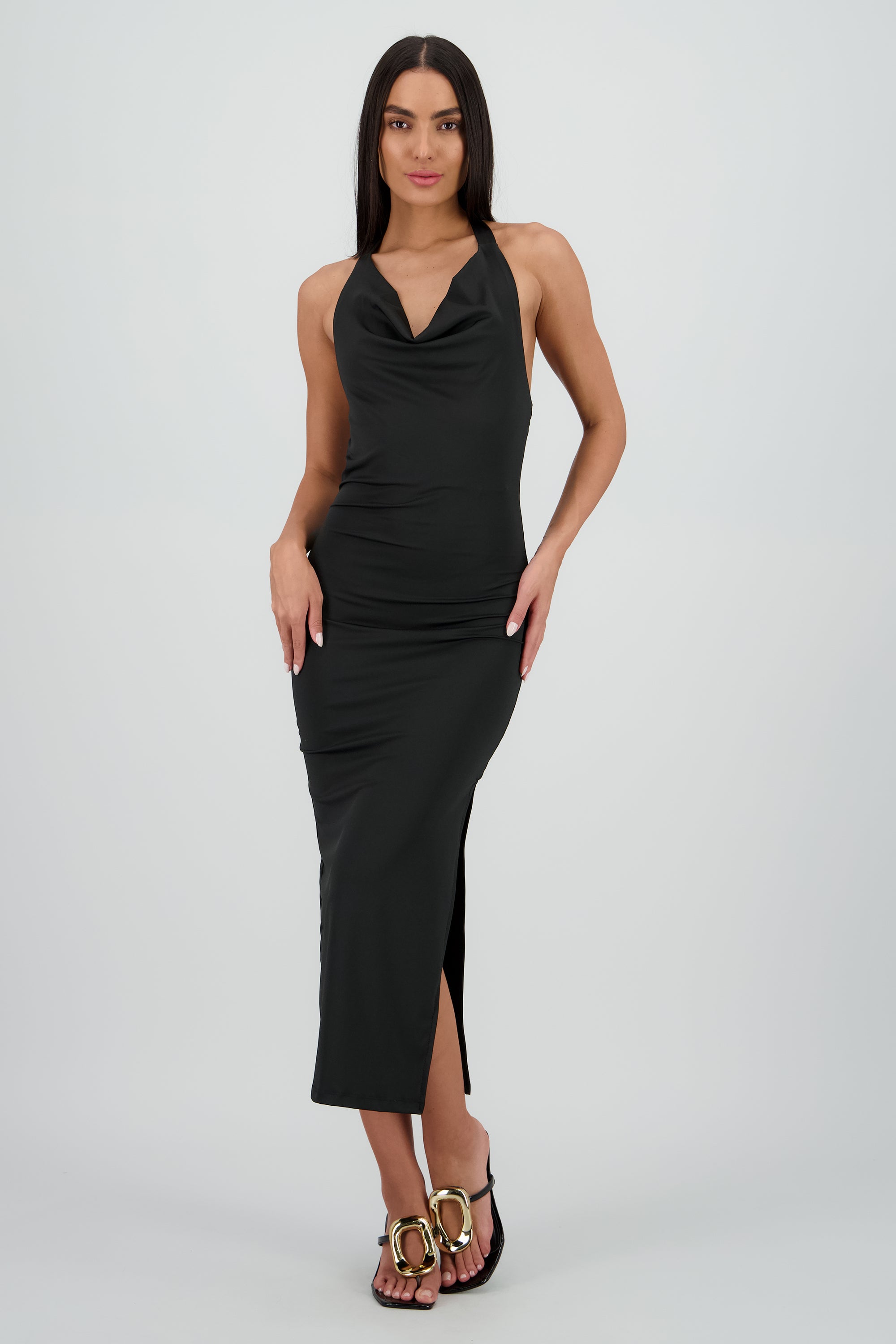 Vestido halter escote cascada maxi NEGRO