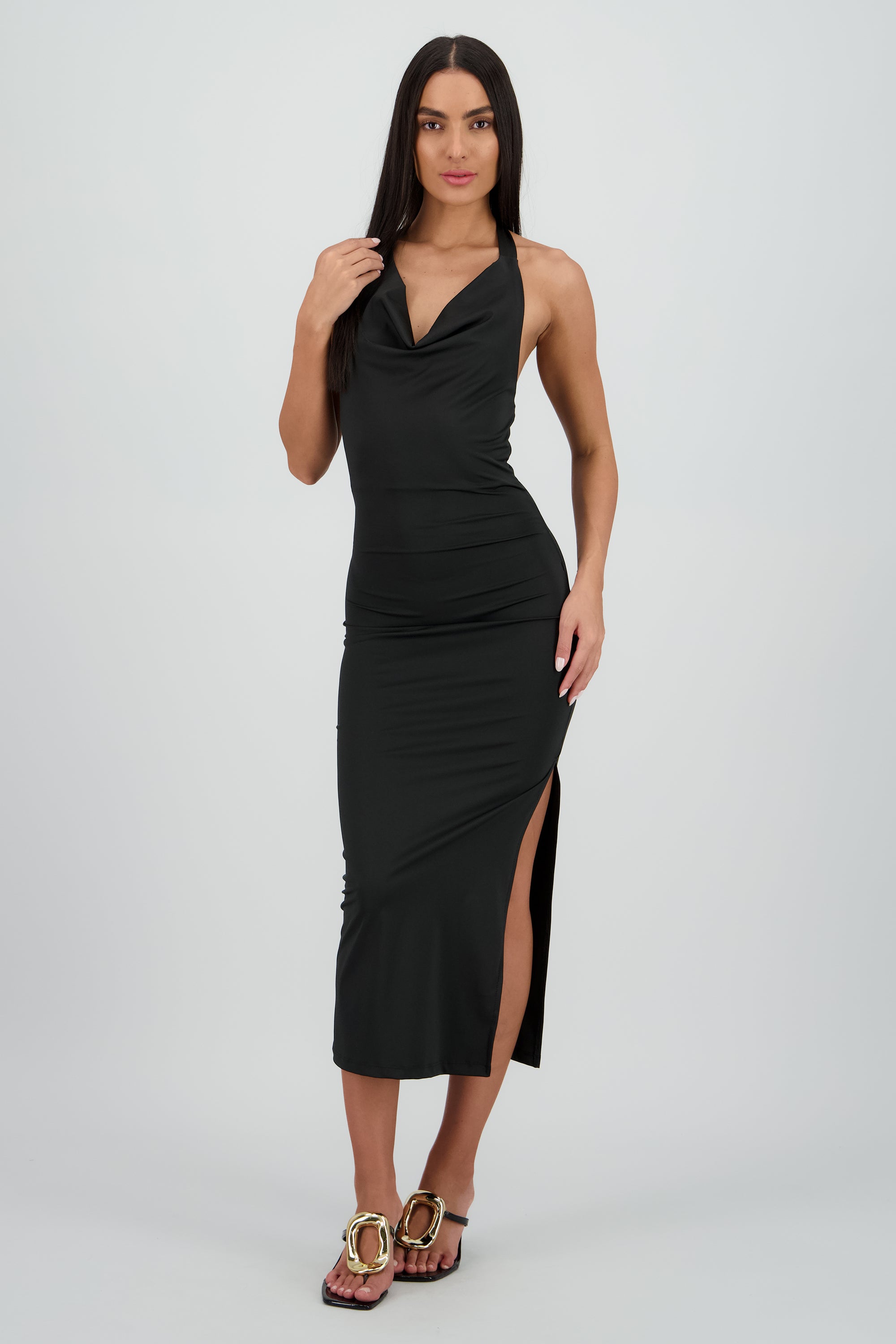 Vestido halter escote cascada maxi NEGRO