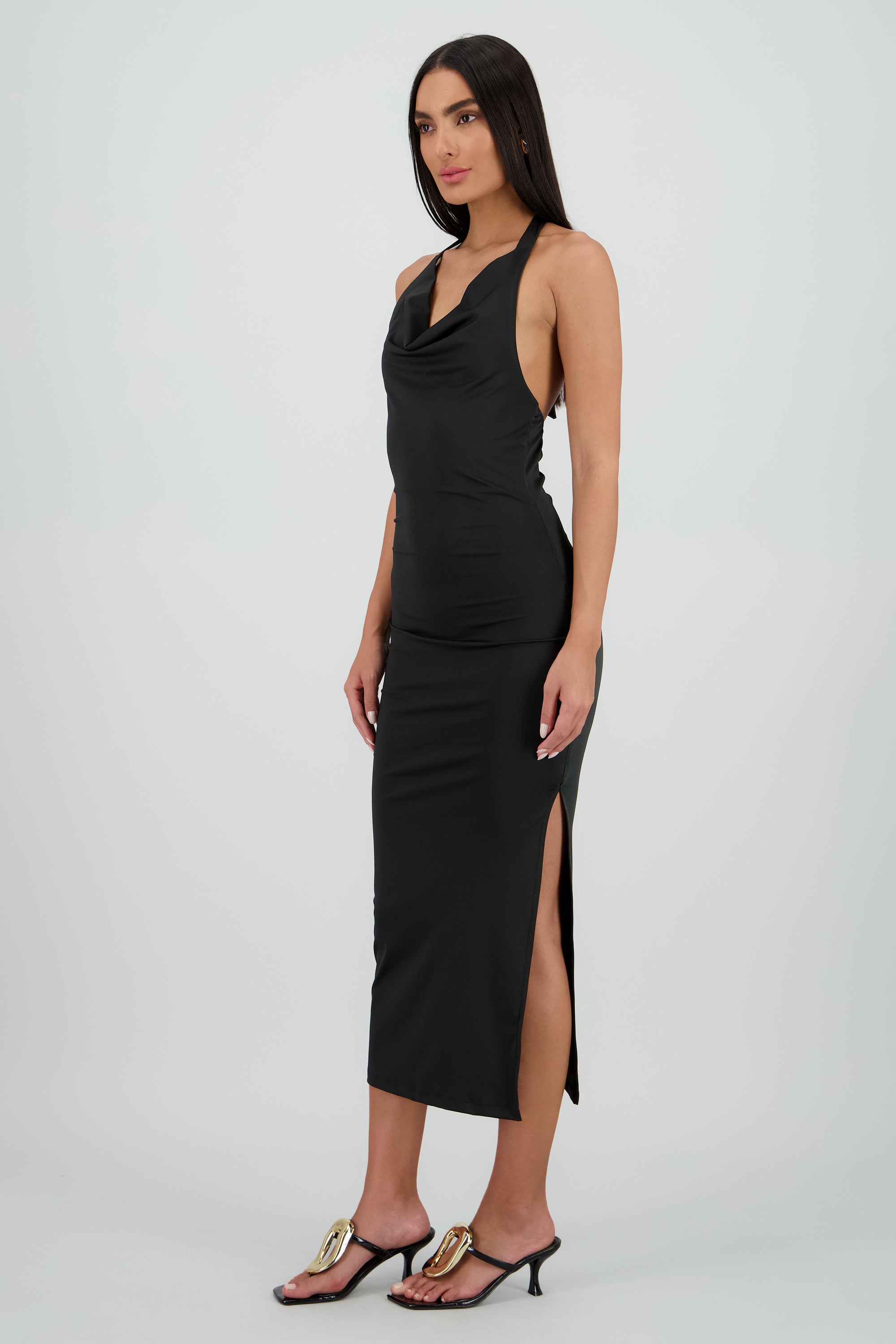 Vestido halter escote cascada maxi NEGRO