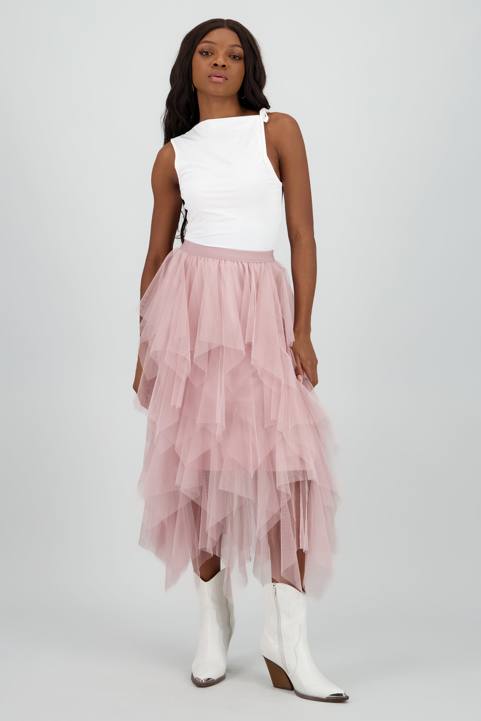 Falda midi capas cascada PALO DE ROSA