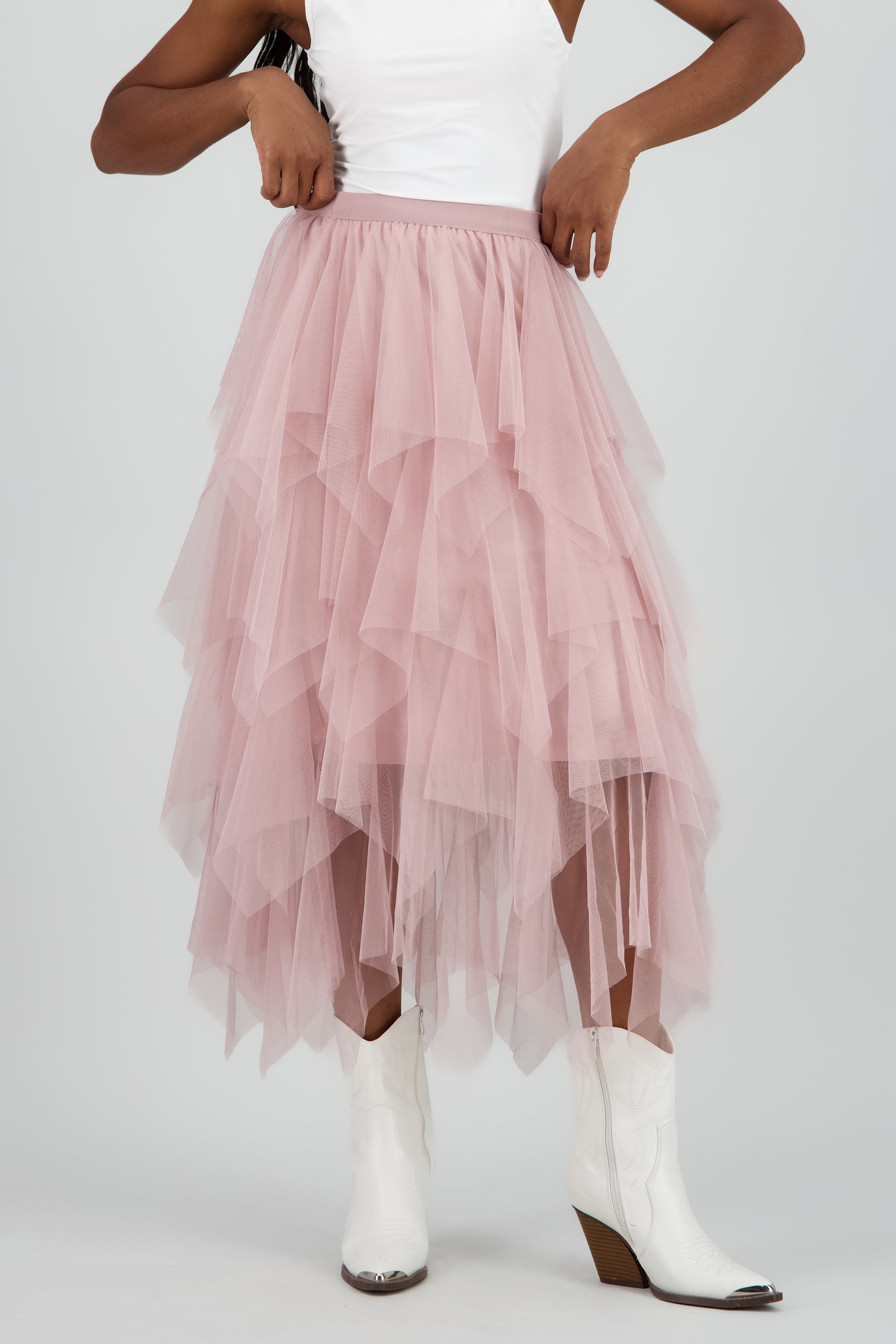 Falda midi capas cascada PALO DE ROSA