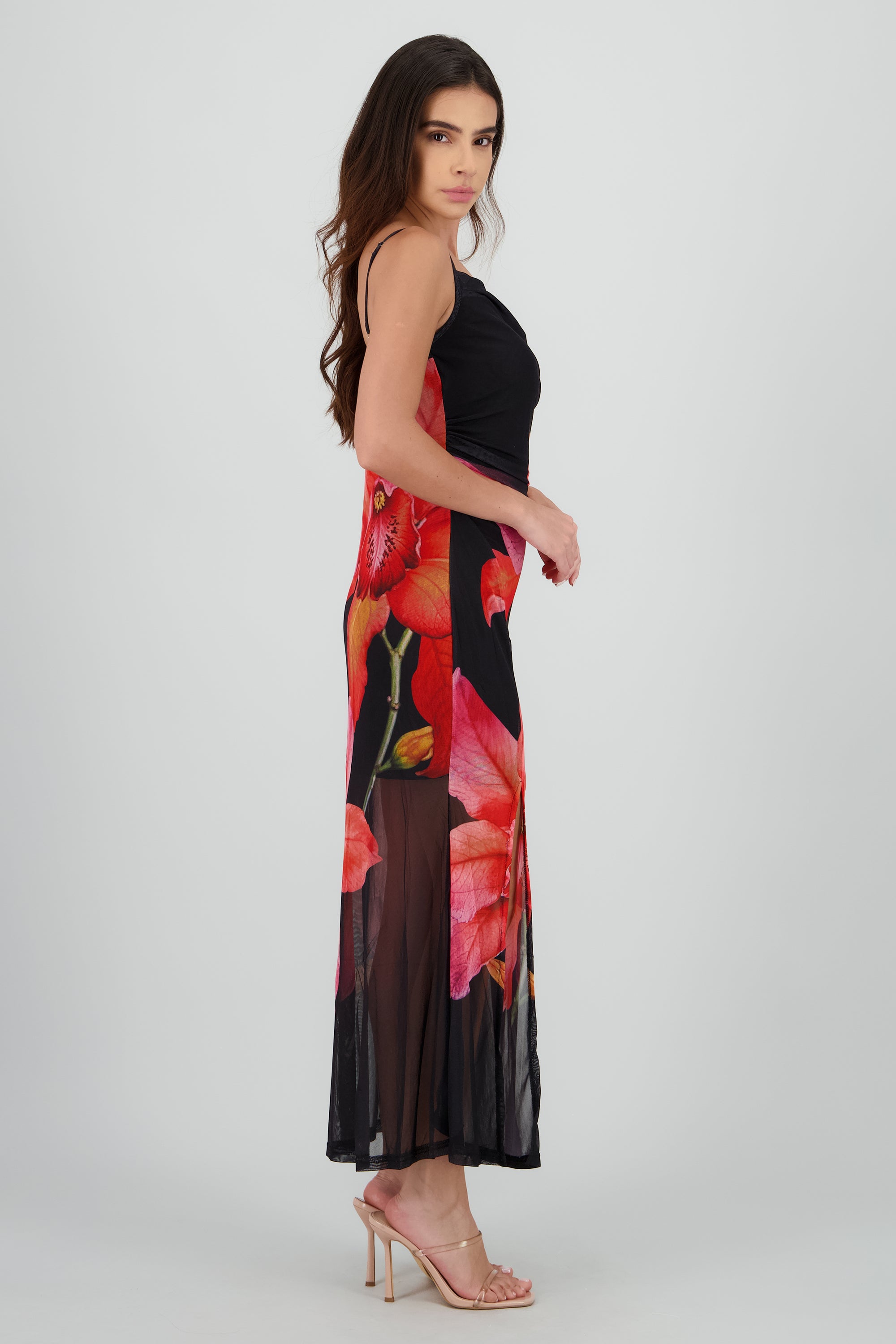 Vestido midi estampado flor NEGRO COMBO