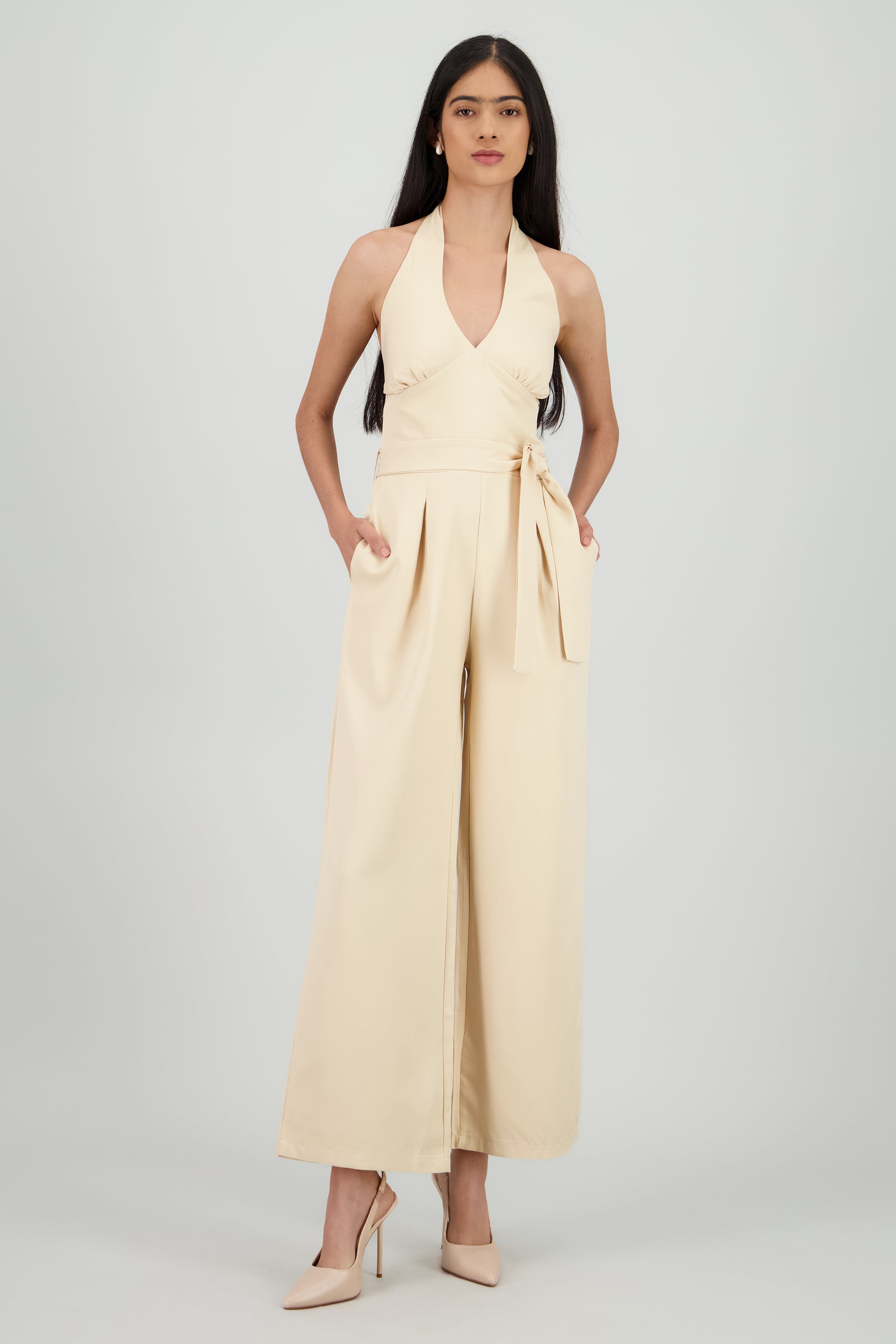 Jumpsuit de cuello halter liso BEIGE