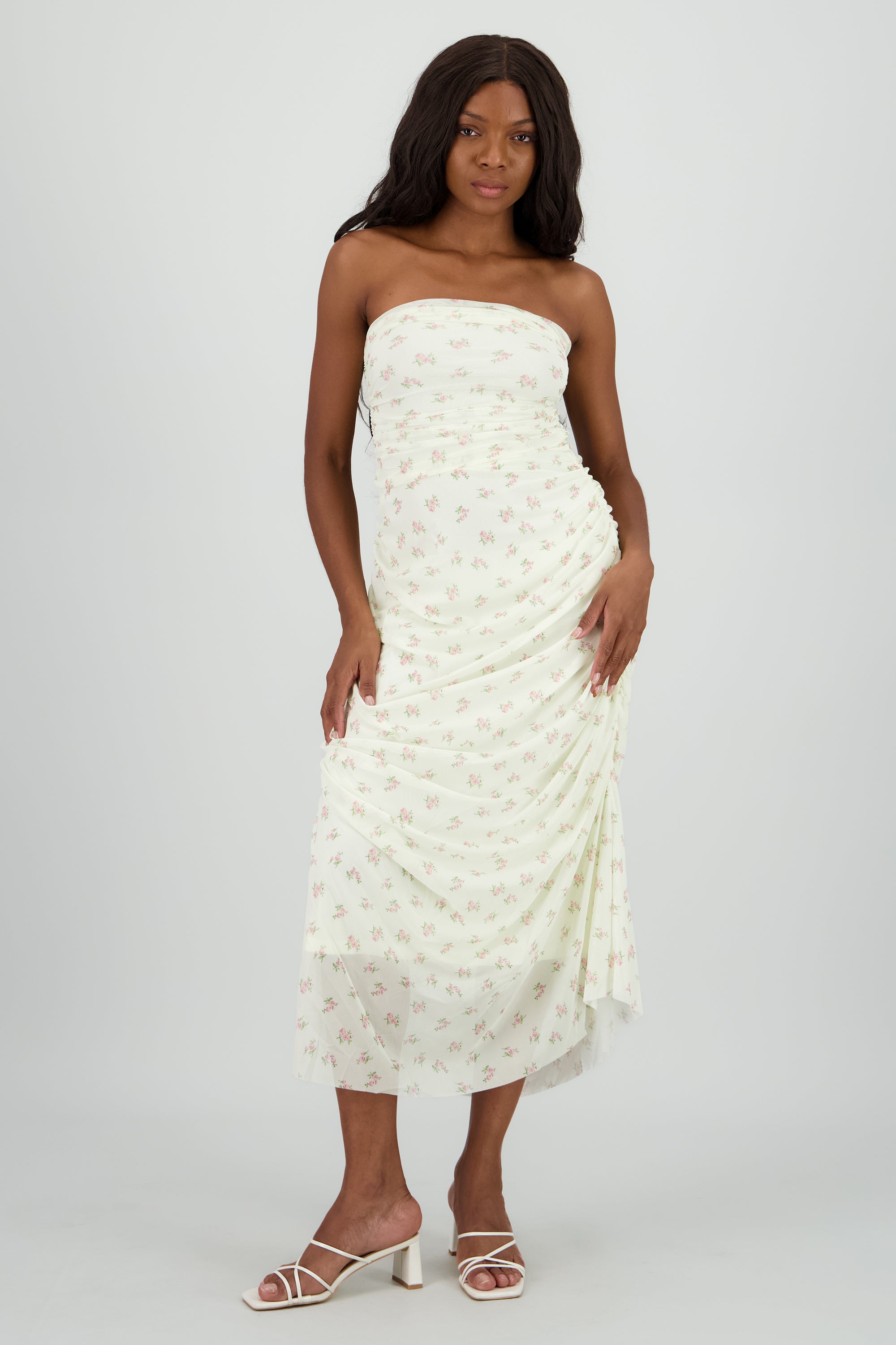 Vestido strapless de mesh estampado AMARILLO COMBO