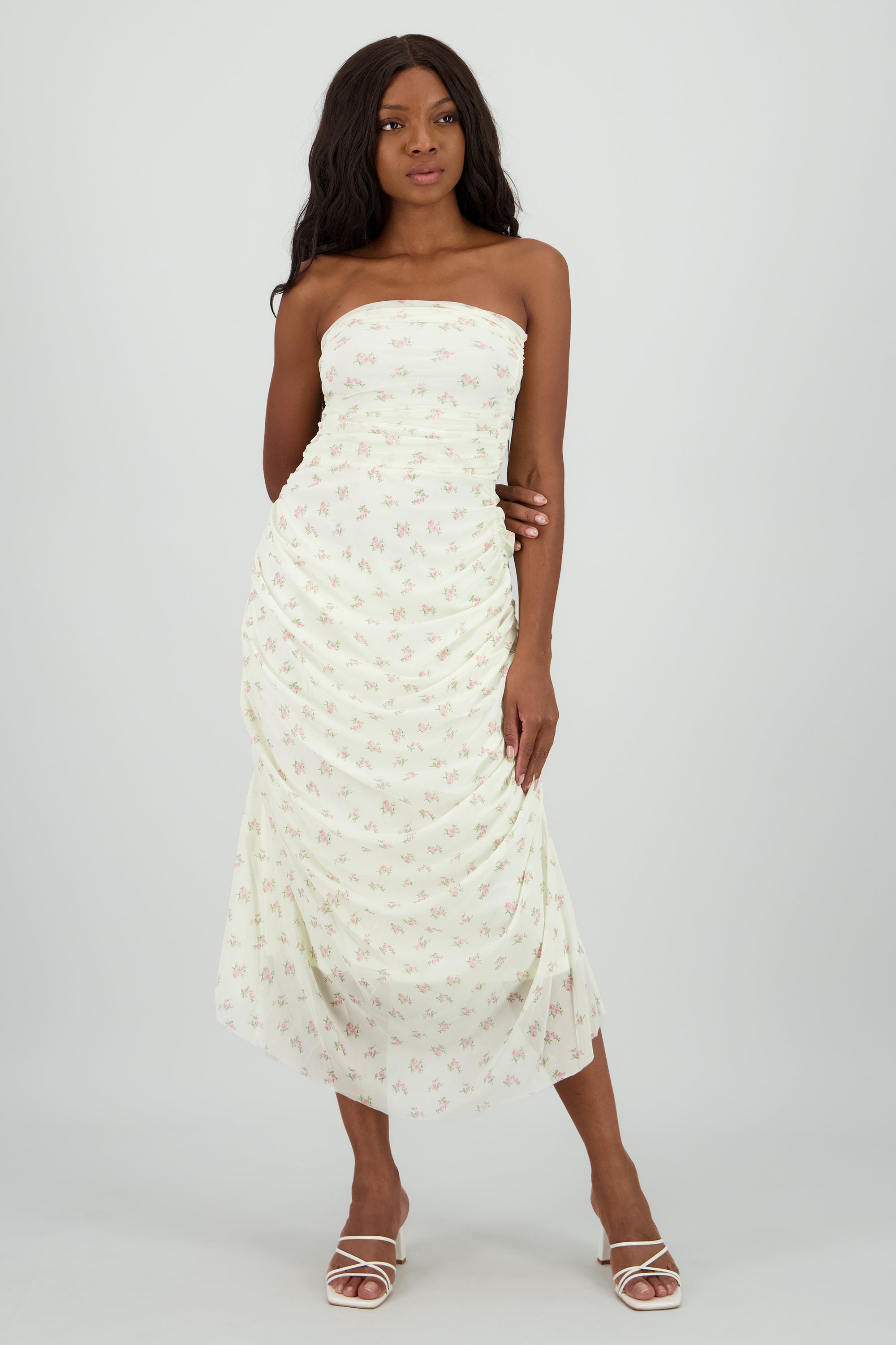 Vestido strapless de mesh estampado AMARILLO COMBO