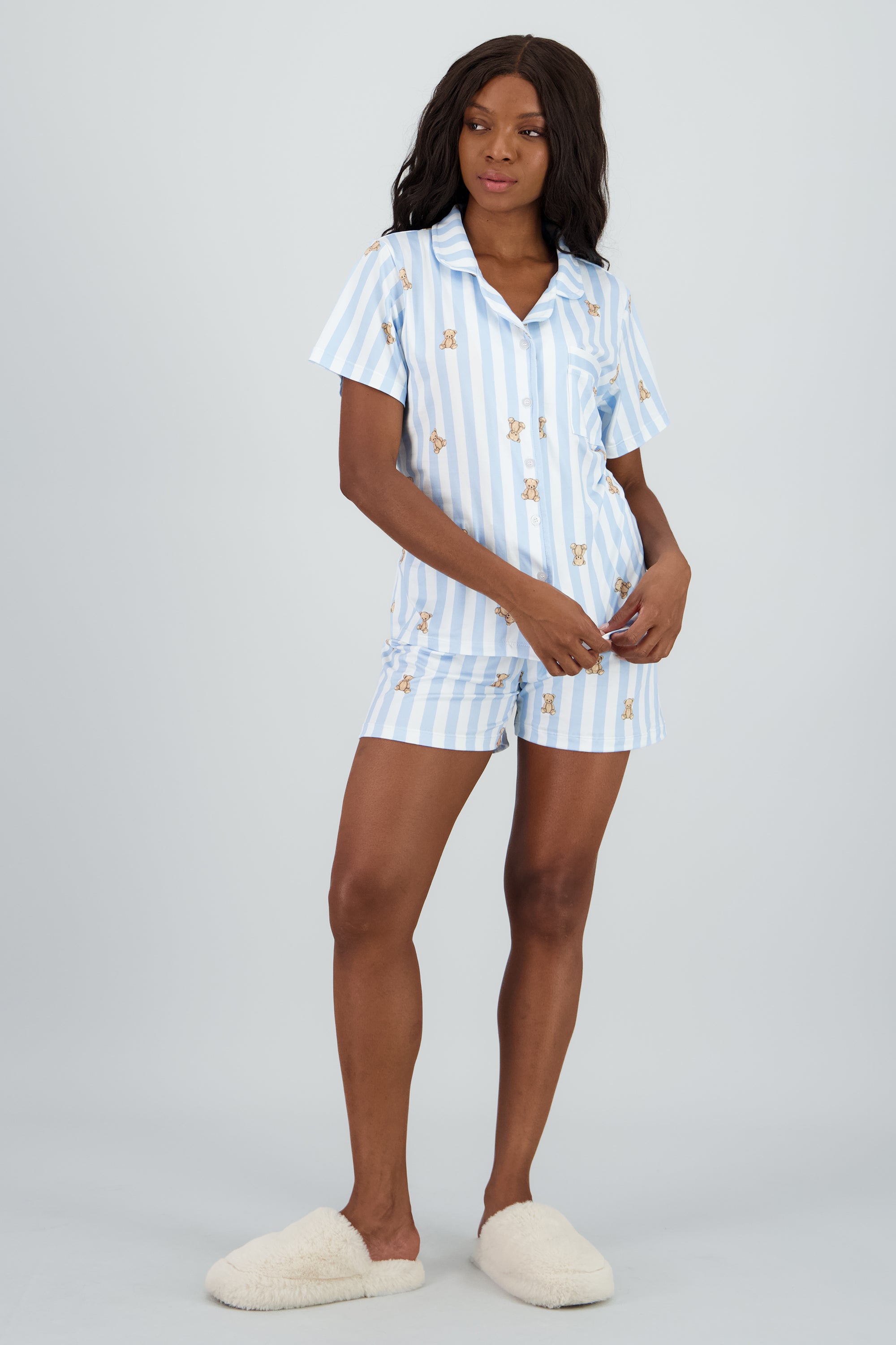 Pijama camisera suave rayas figura AZUL COMBO
