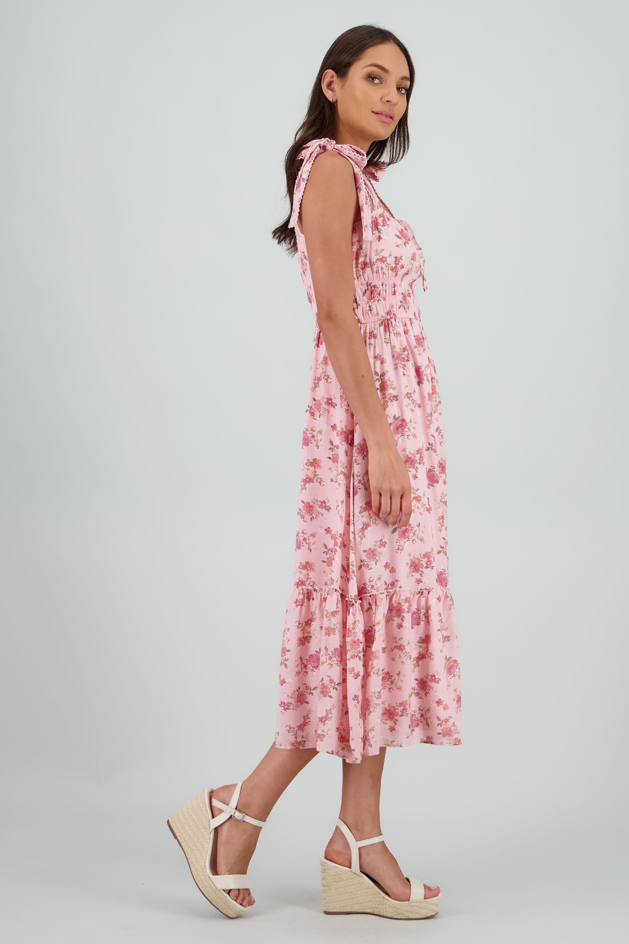 Vestido maxi cintura frunces ROSA COMBO