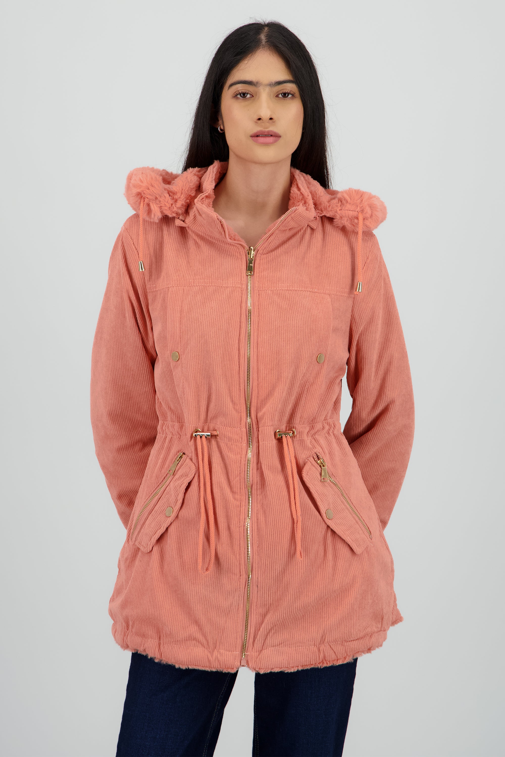 Gabardina doble vista con gorro ROSA