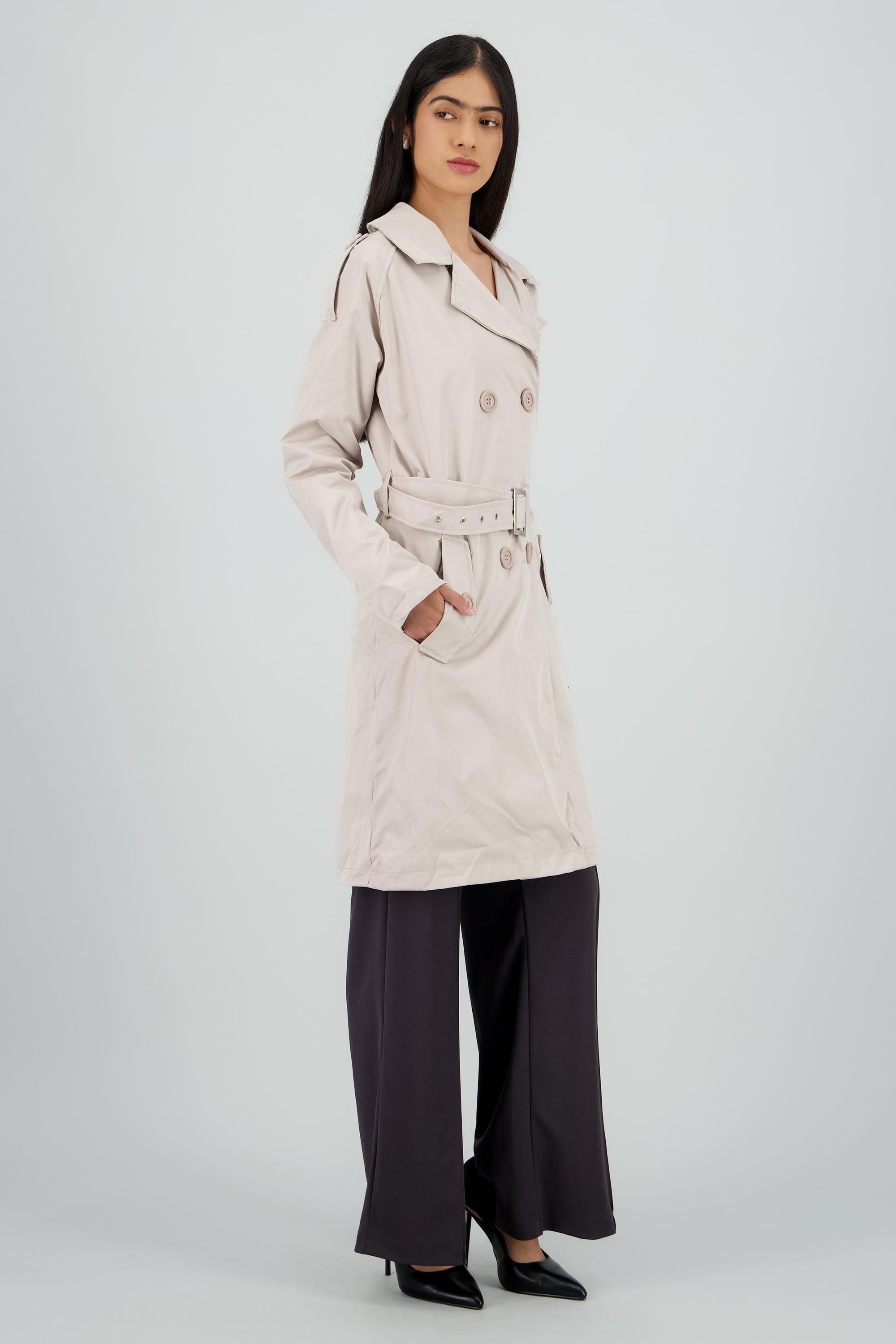 Gabardina midi con cinturon BEIGE