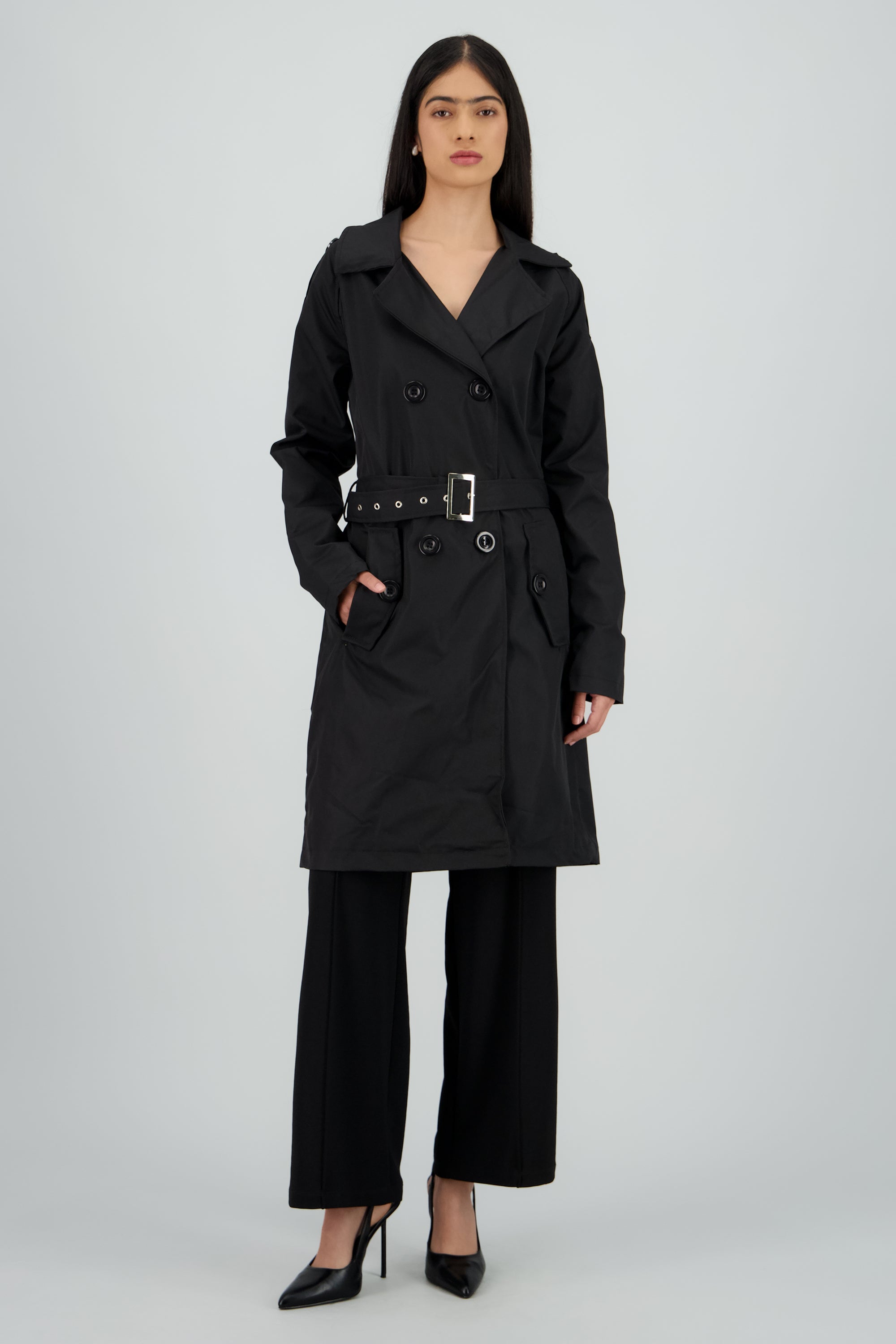 Gabardina midi con cinturon NEGRO