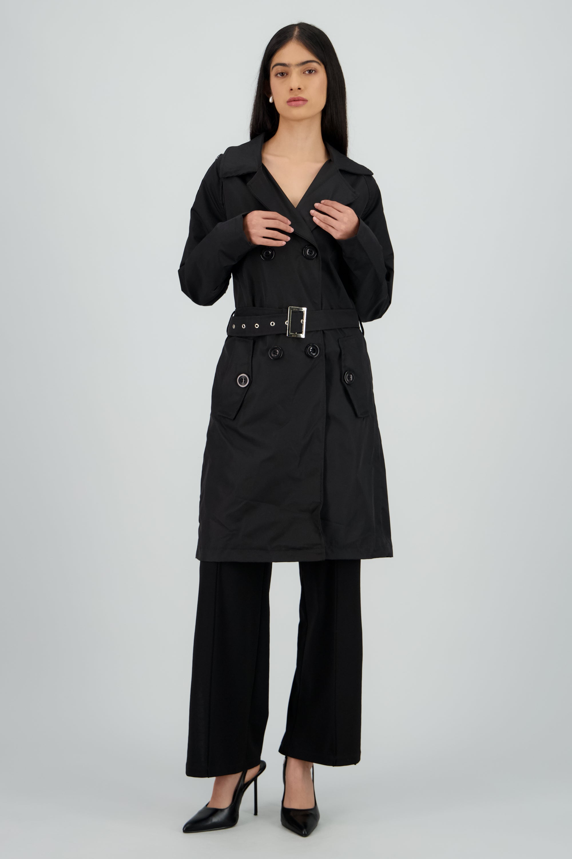 Gabardina midi con cinturon NEGRO