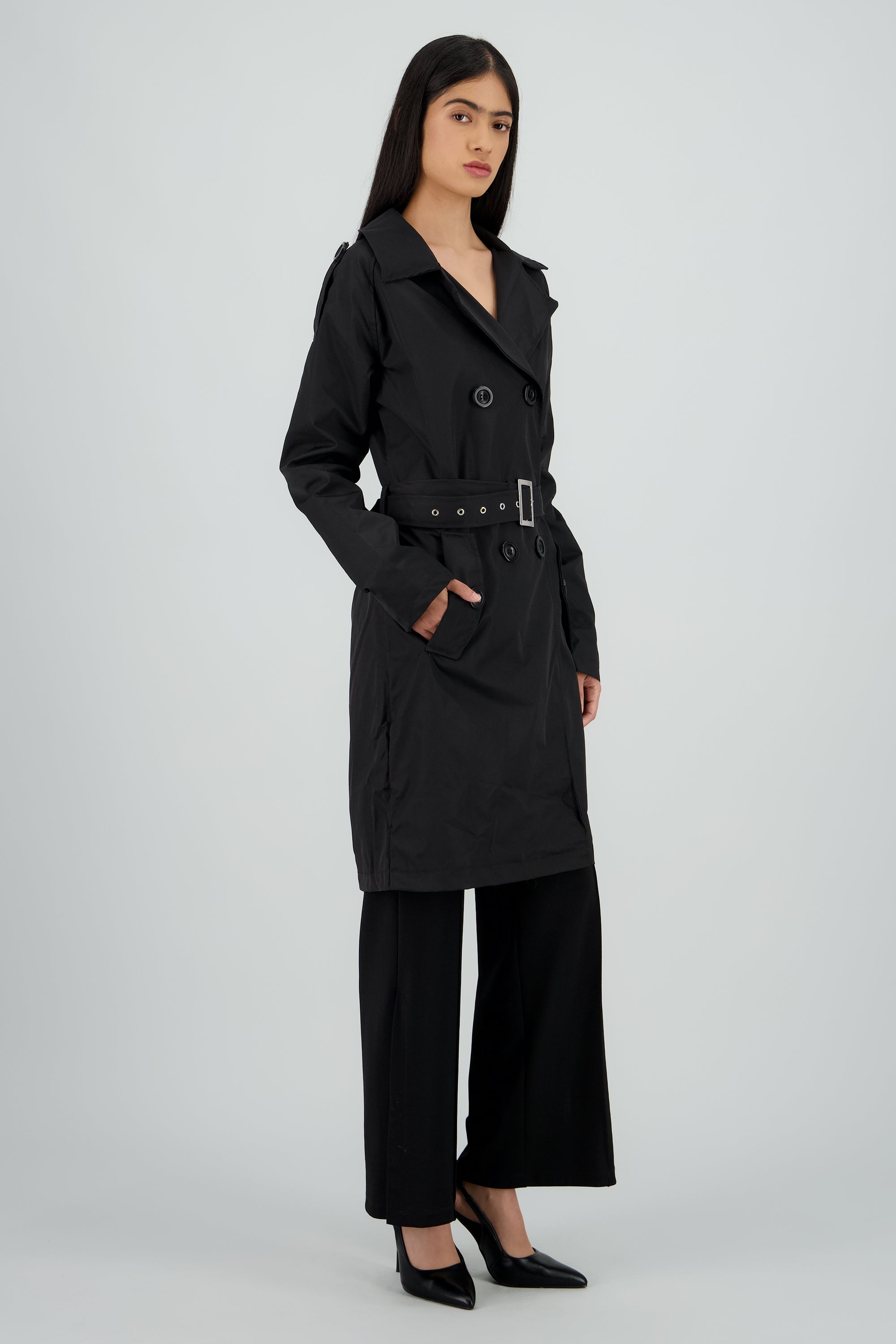 Gabardina midi con cinturon NEGRO