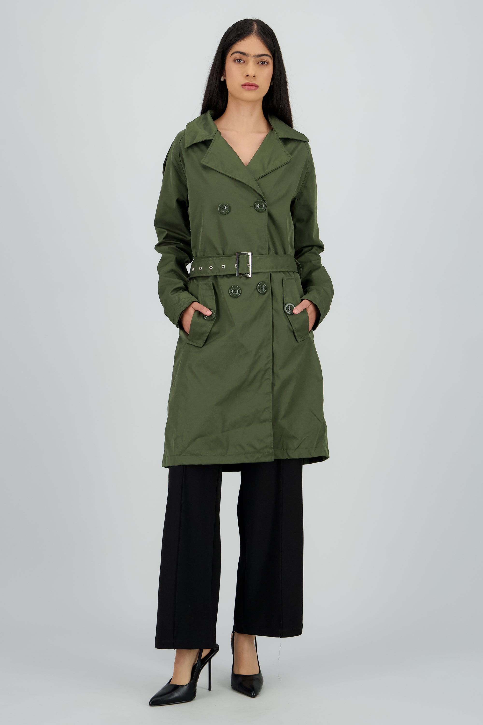 Gabardina midi con cinturon OLIVO