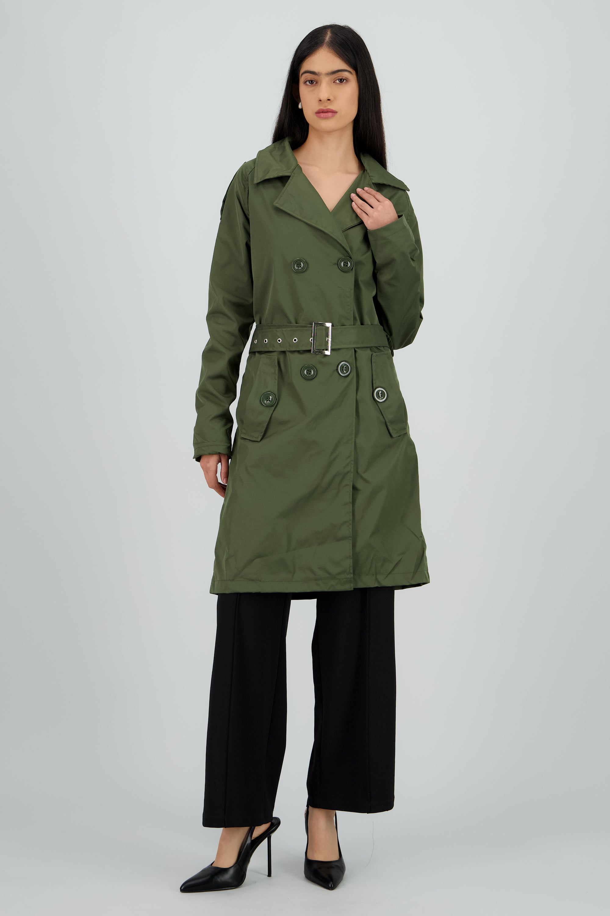 Gabardina midi con cinturon OLIVO