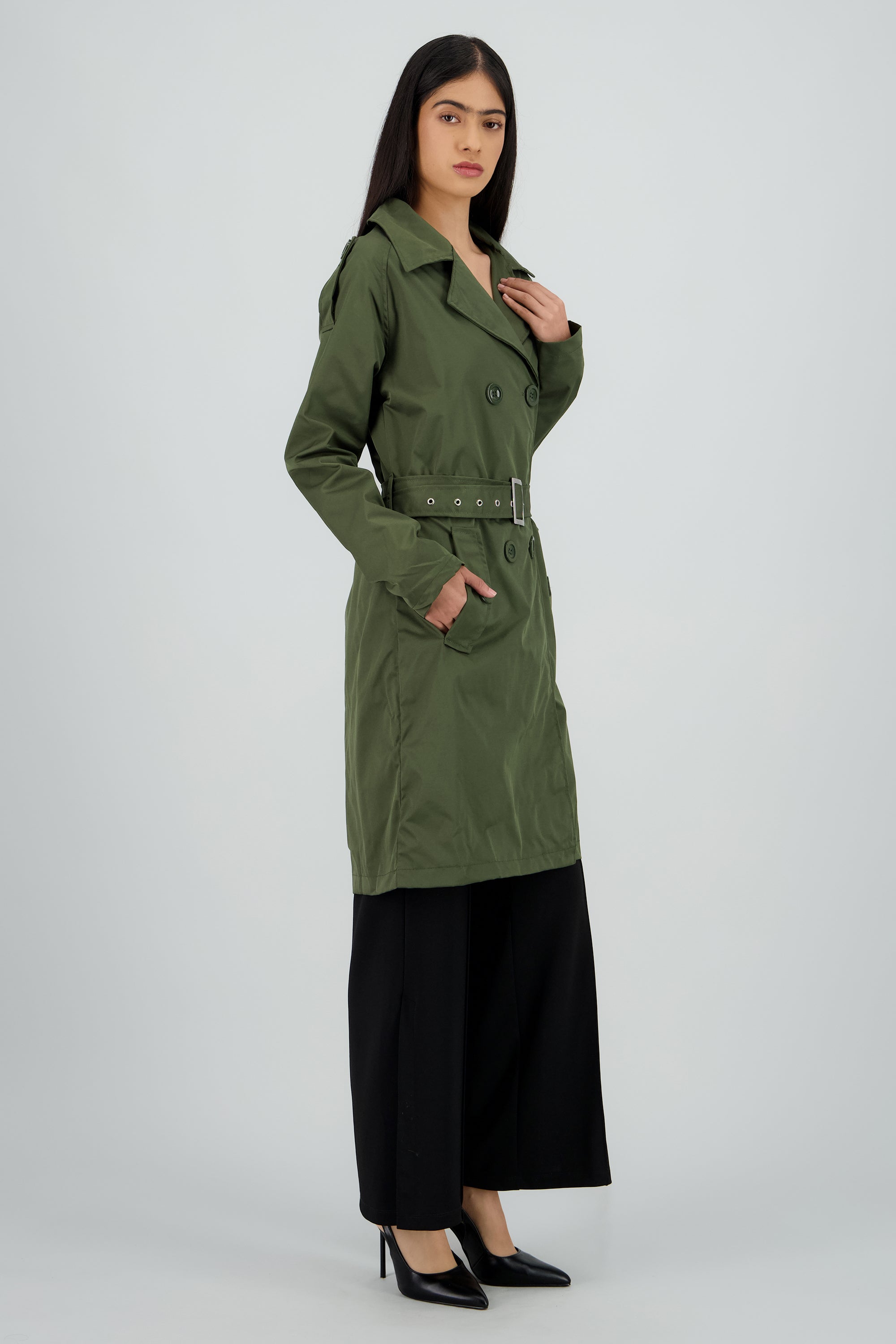 Gabardina midi con cinturon OLIVO