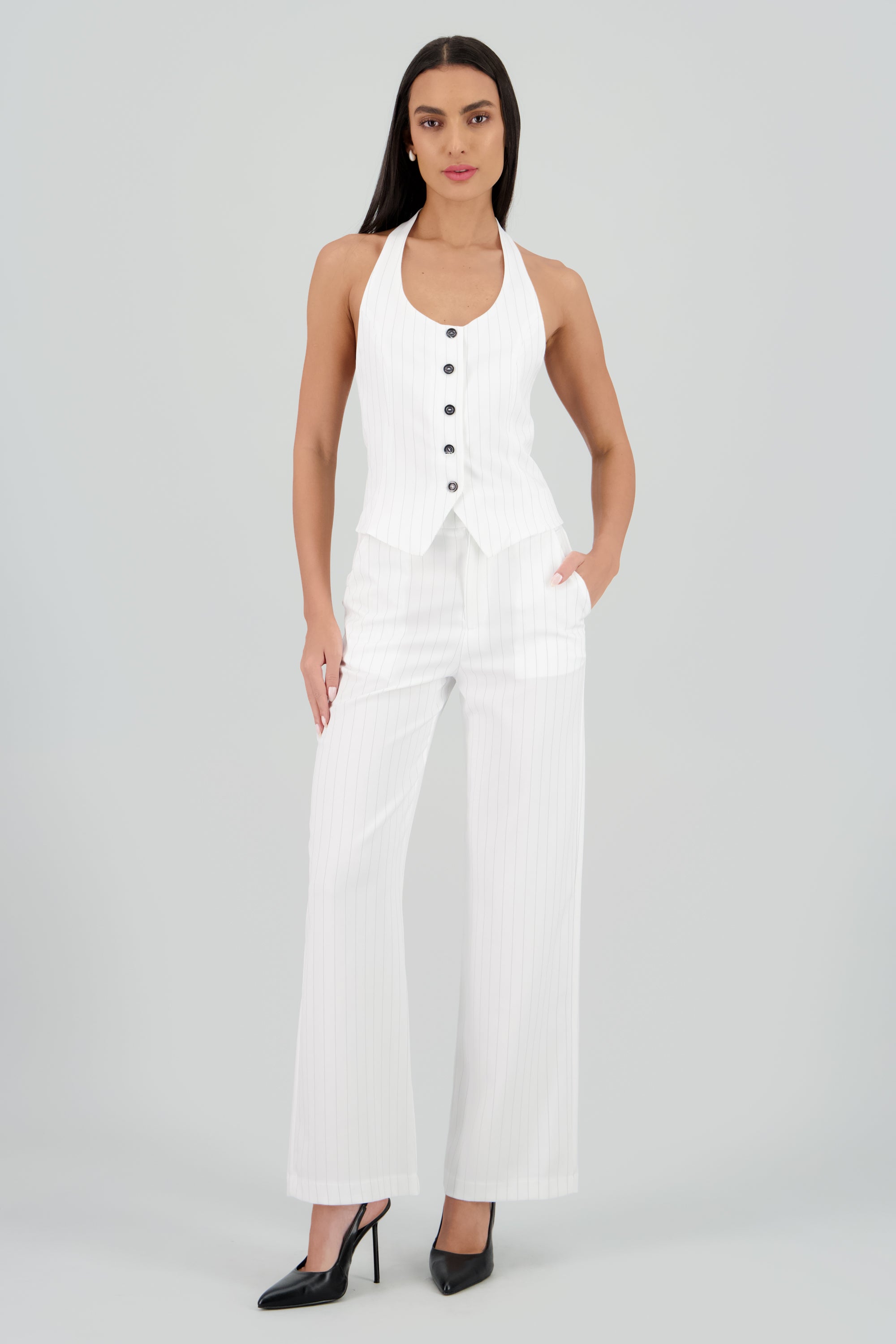 Pantalon recto sastreado detalle boton BLANCO COMBO