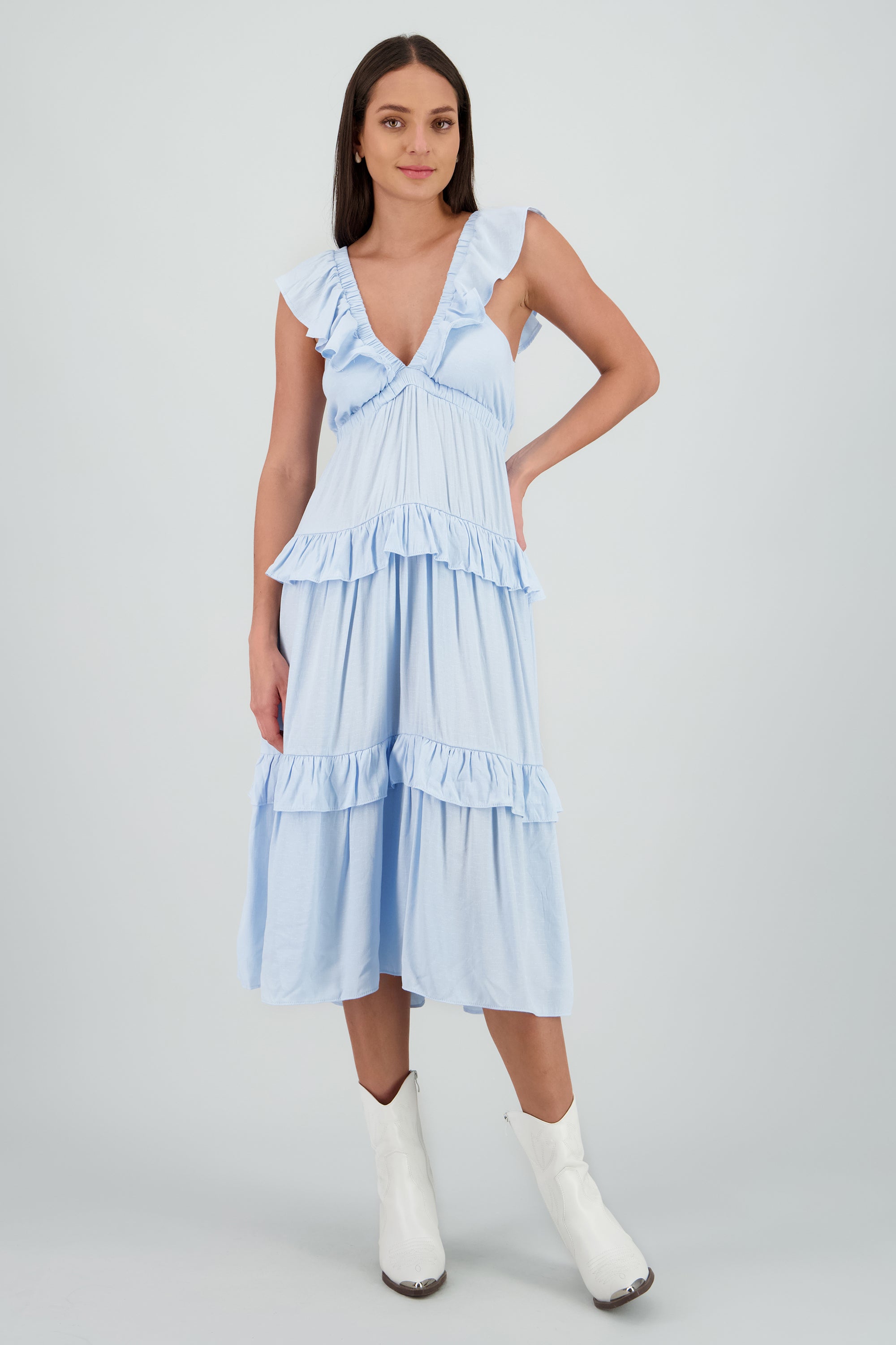 Maxi vestido olanes escote v AZUL CIELO