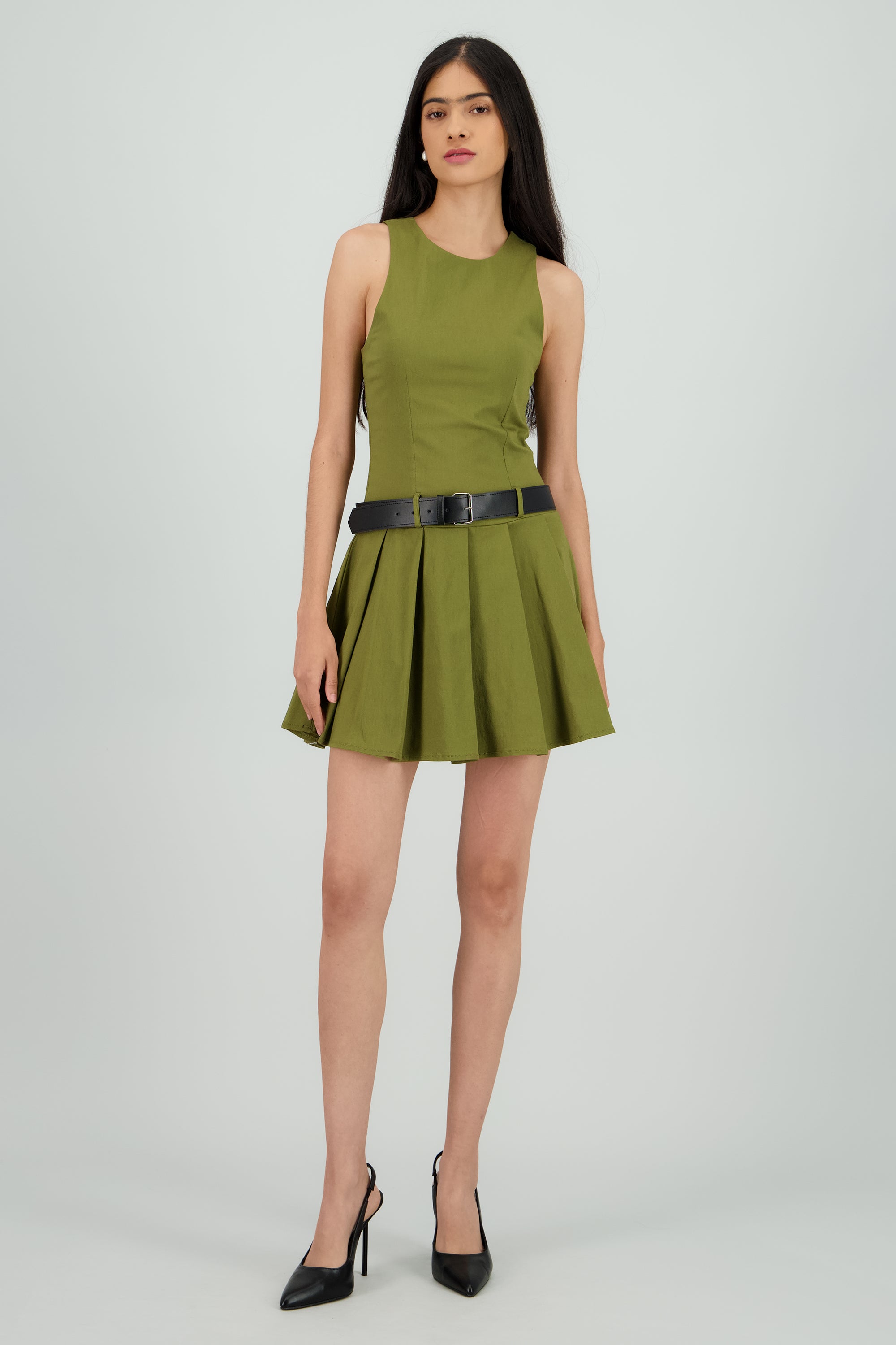 Vestido mini drop waist detalle cinturón OLIVO