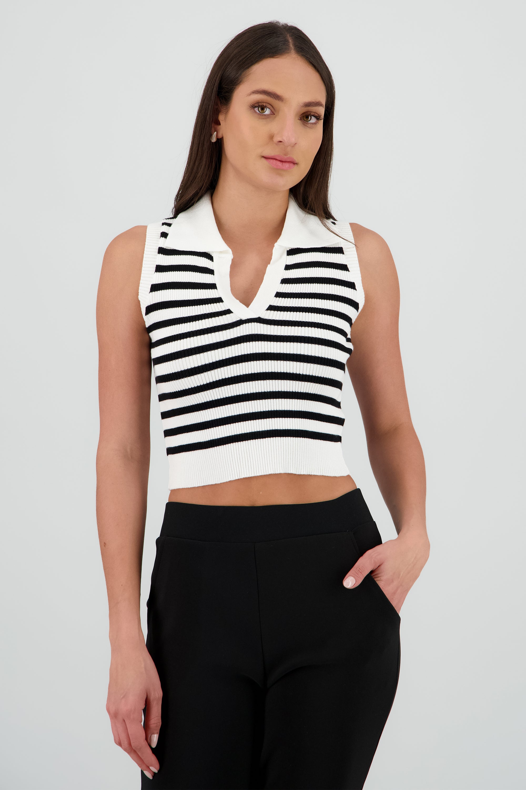 Top cuello polo sin mangas rayas tejido NEGRO BLANCO