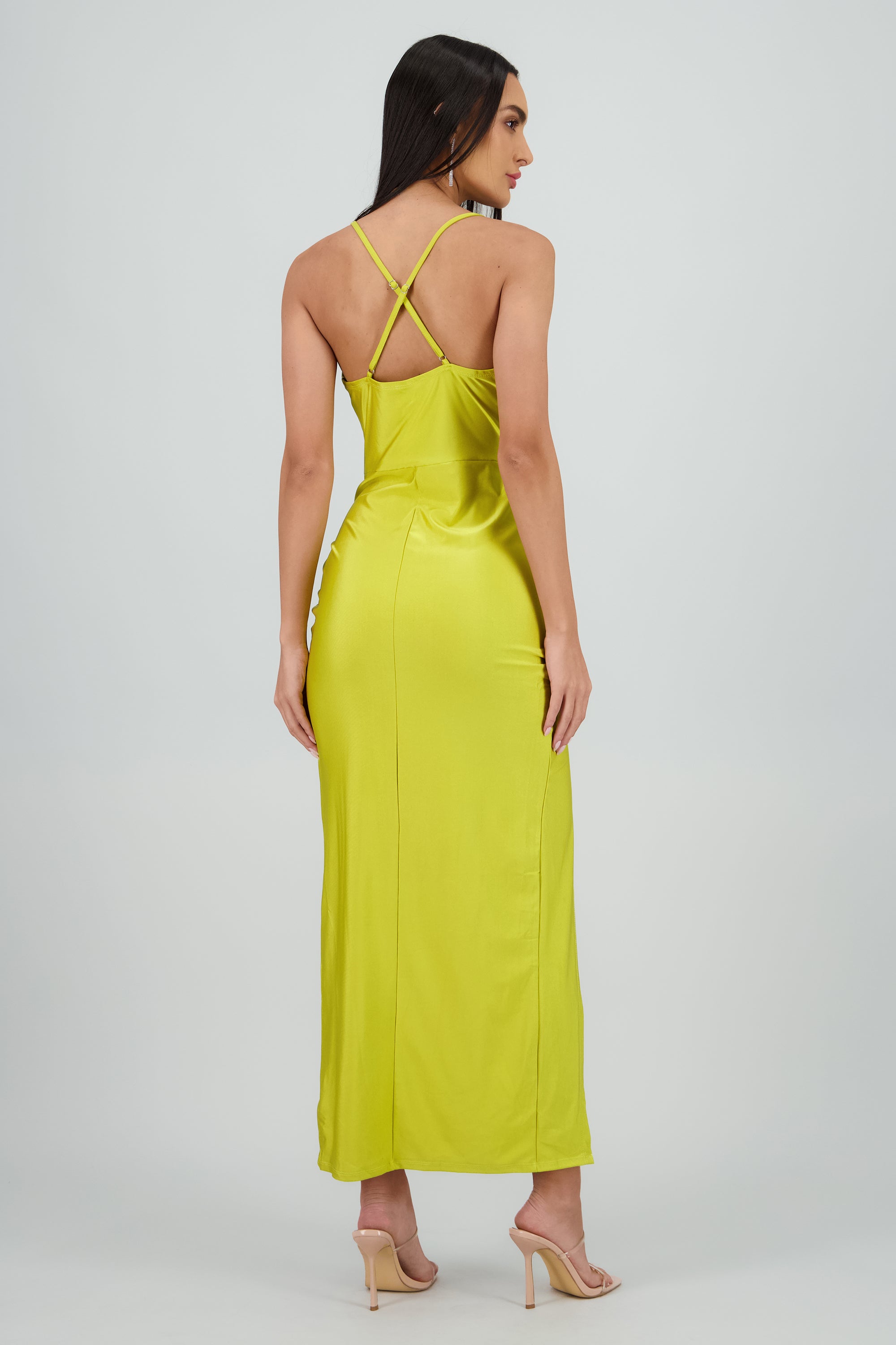 Vestido satinado drapeado costado VERDE