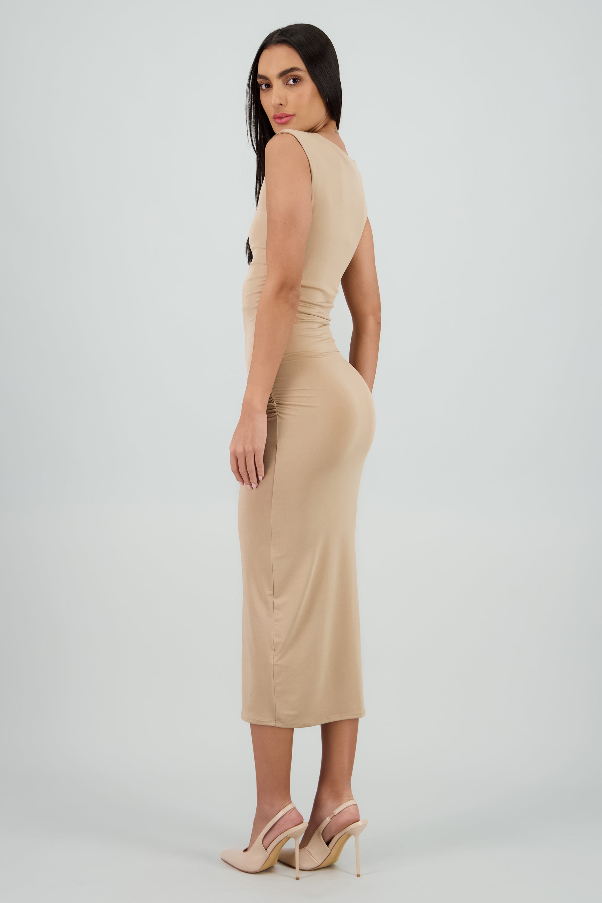 Vestido drapeado sin mangas BEIGE