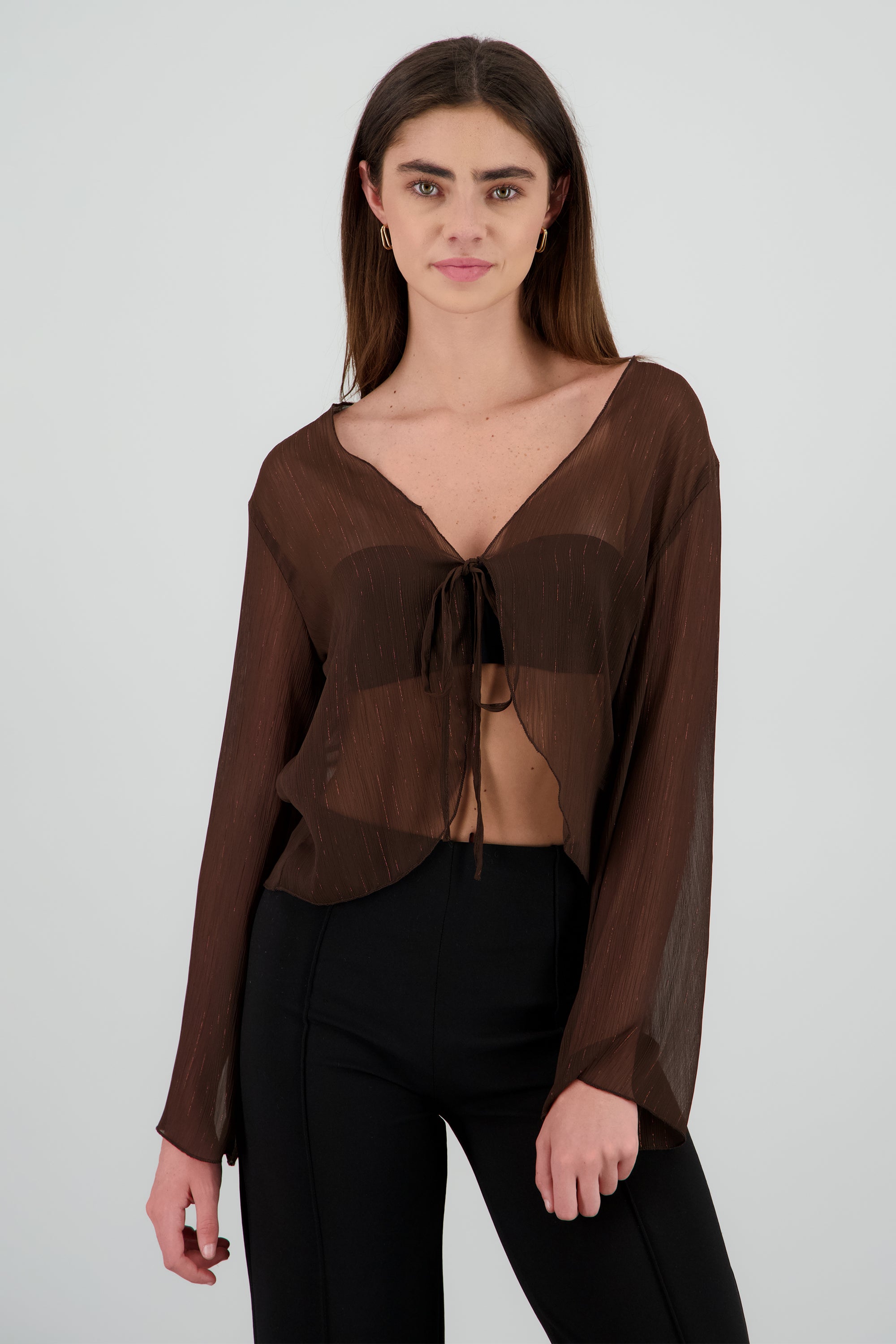 Blusa con transparencia detalle lurex CHOCOLATE