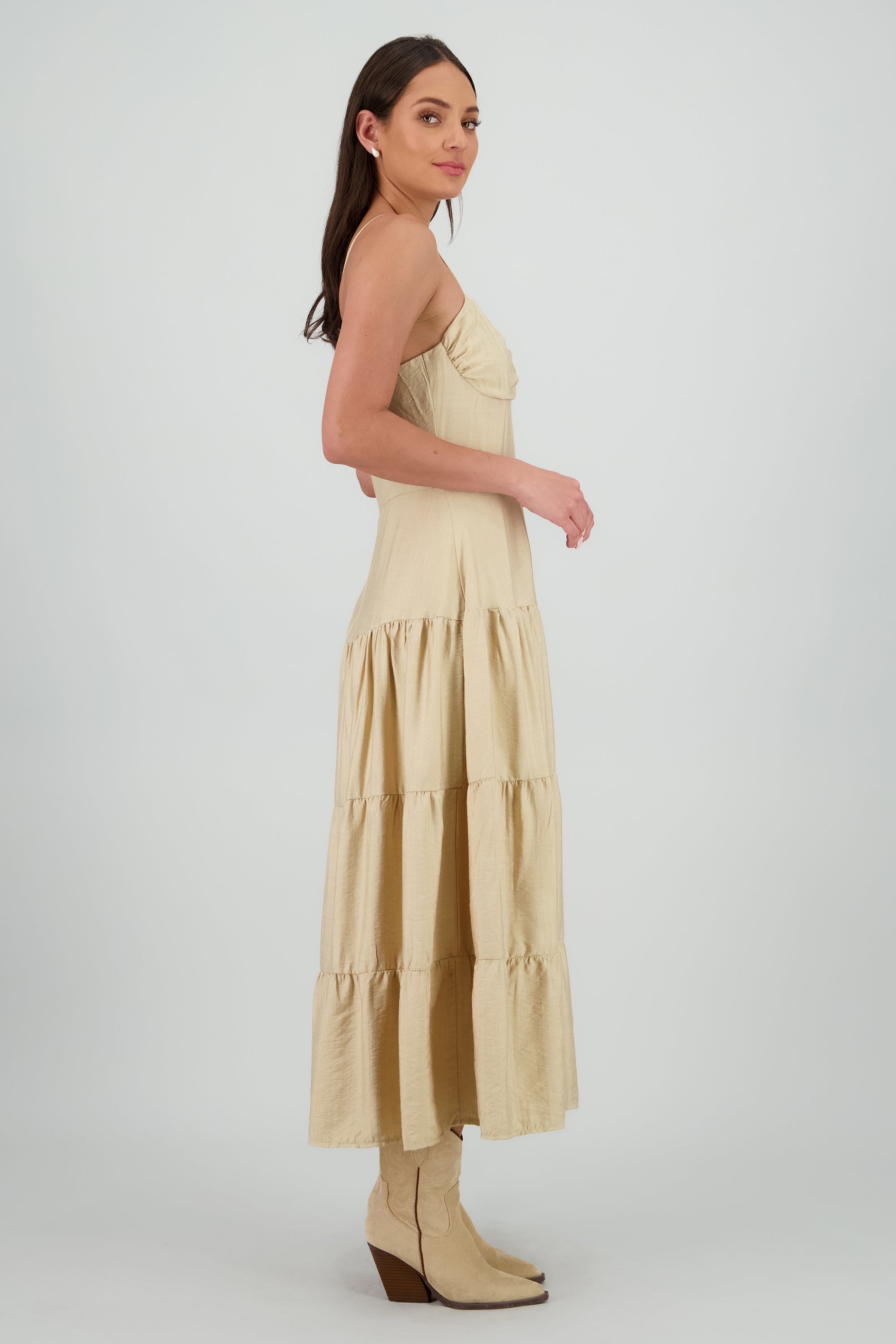 Vestido maxi olanes detalle plisado copas TAUPE