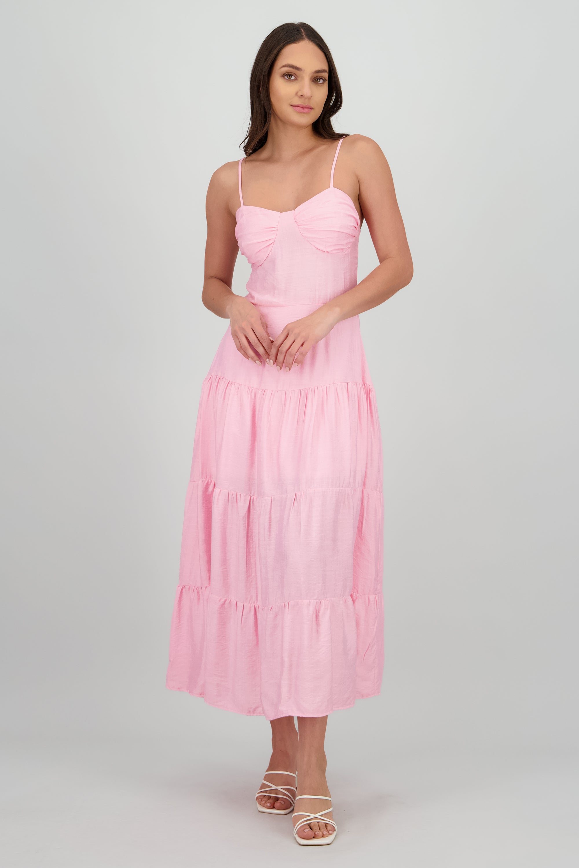 Vestido maxi olanes detalle plisado copas ROSA PASTEL