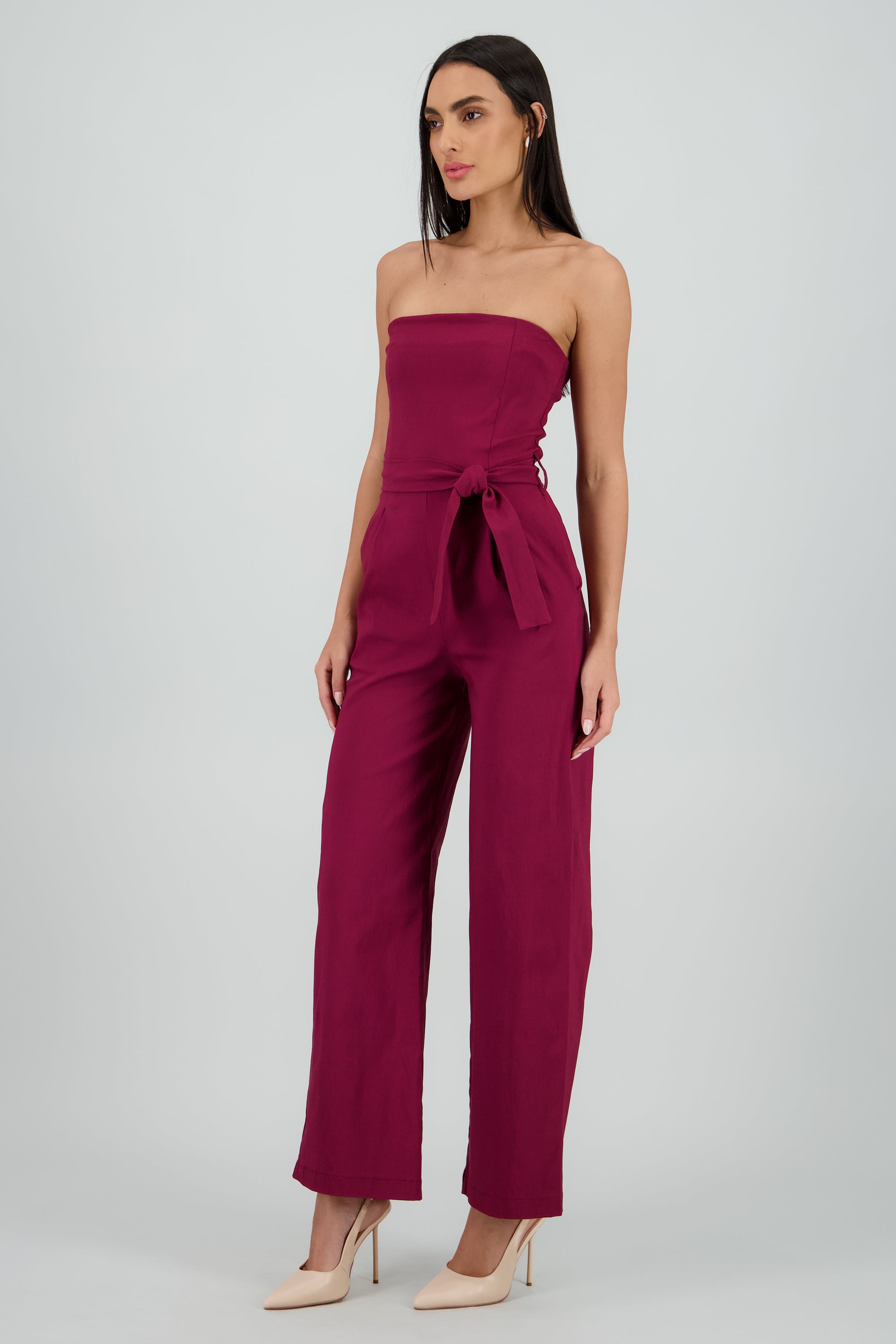 Jumpsuit strapless detalle cinturon CIRUELA