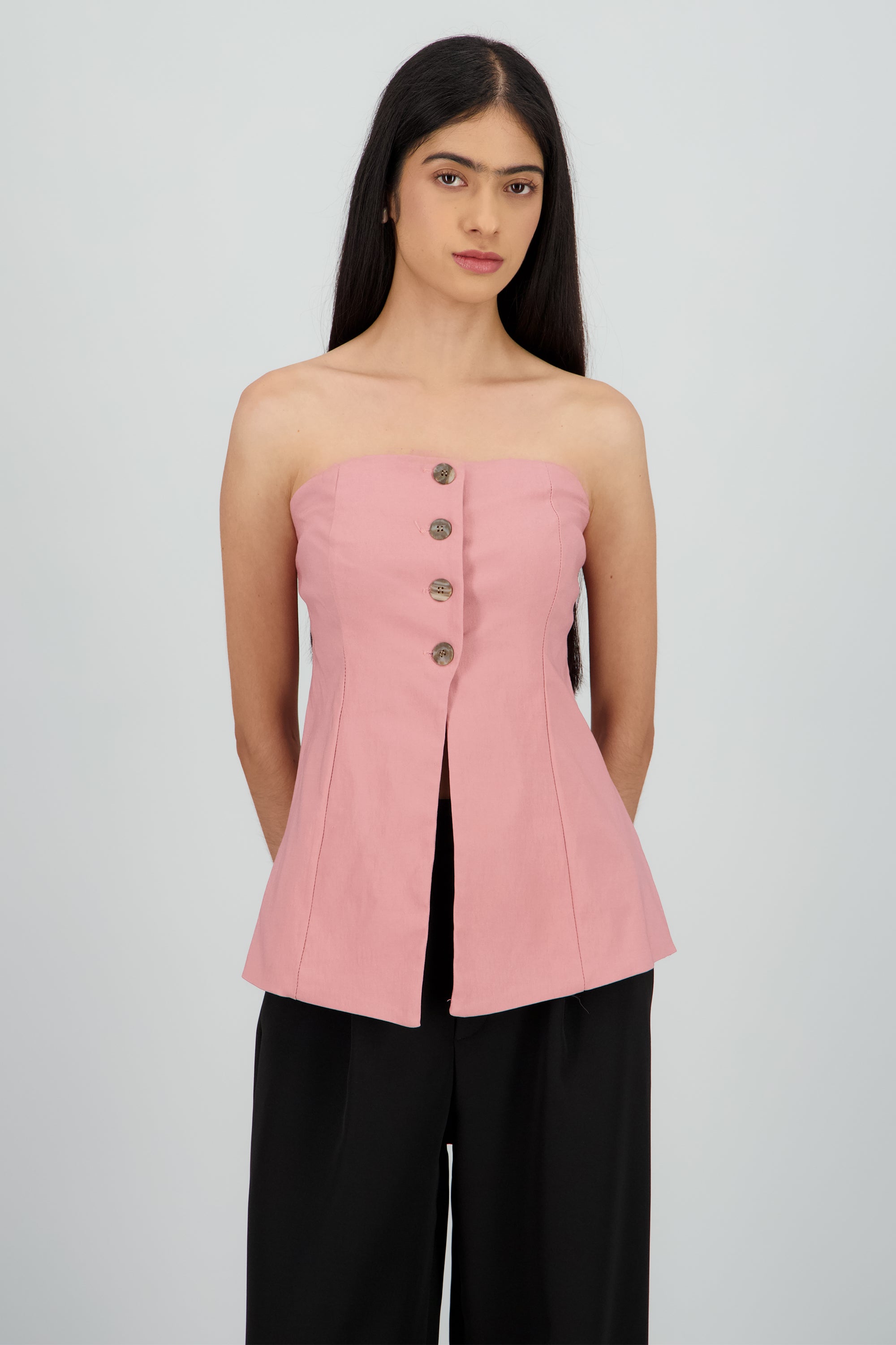 Top strapless detalle botones PALO DE ROSA