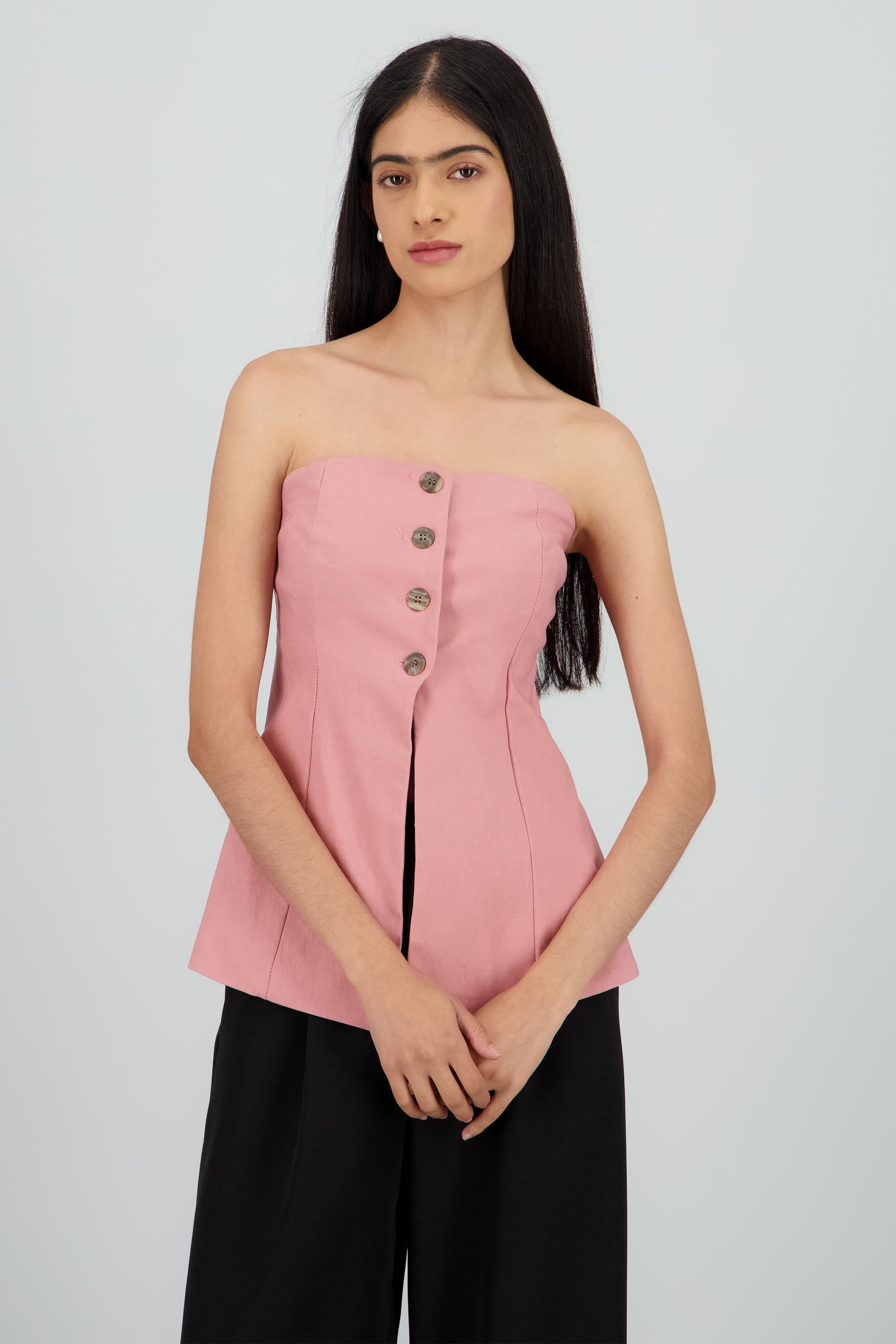 Top strapless detalle botones PALO DE ROSA