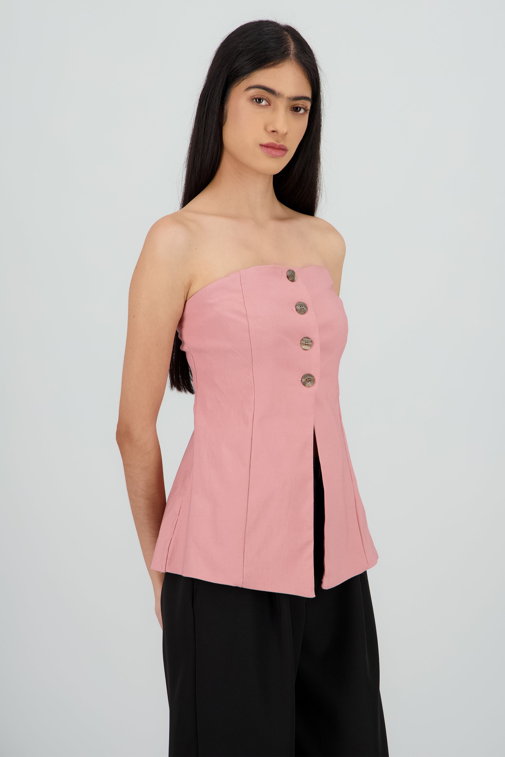 Top strapless detalle botones PALO DE ROSA