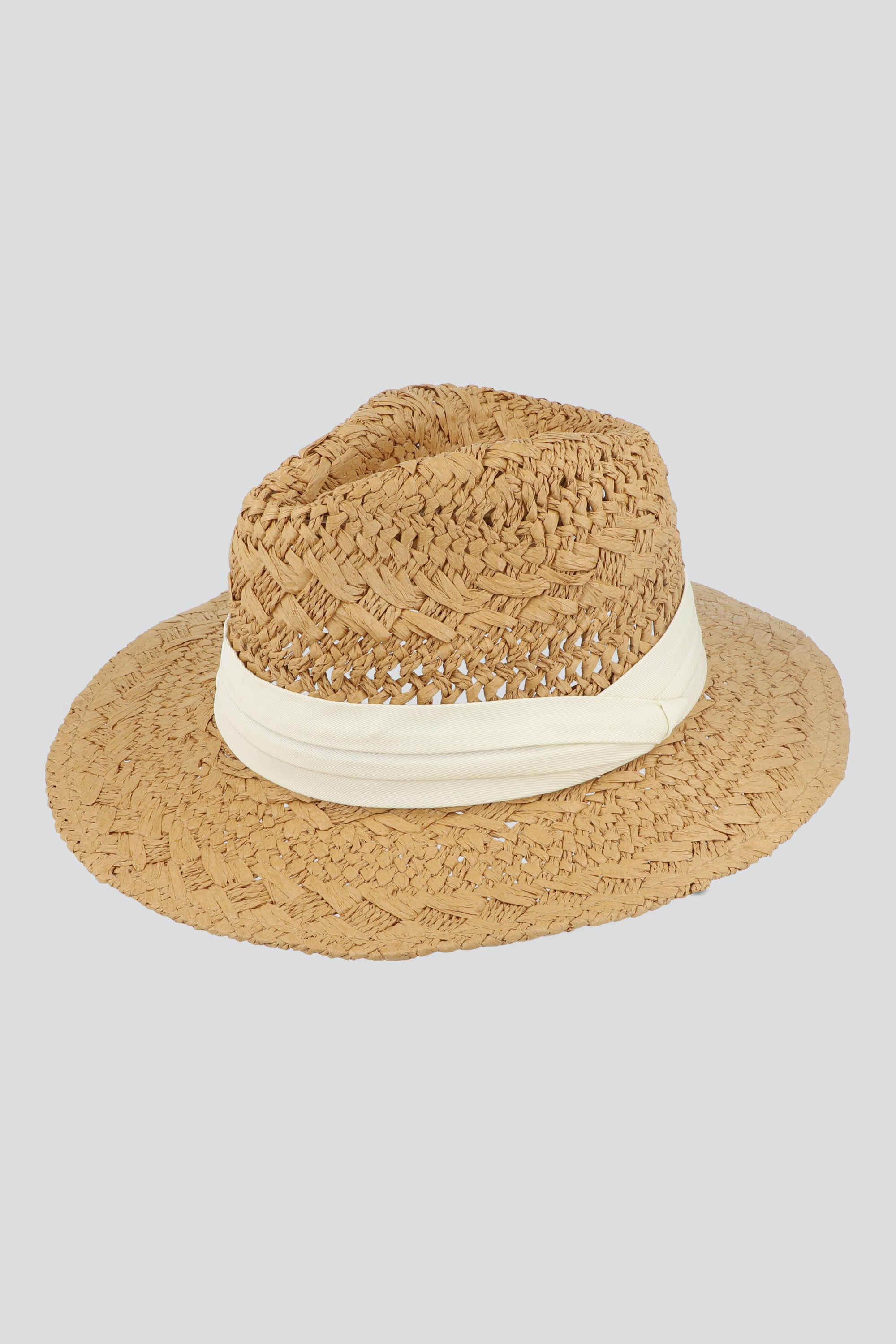 Sombrero tejido fedora con cinta TAN