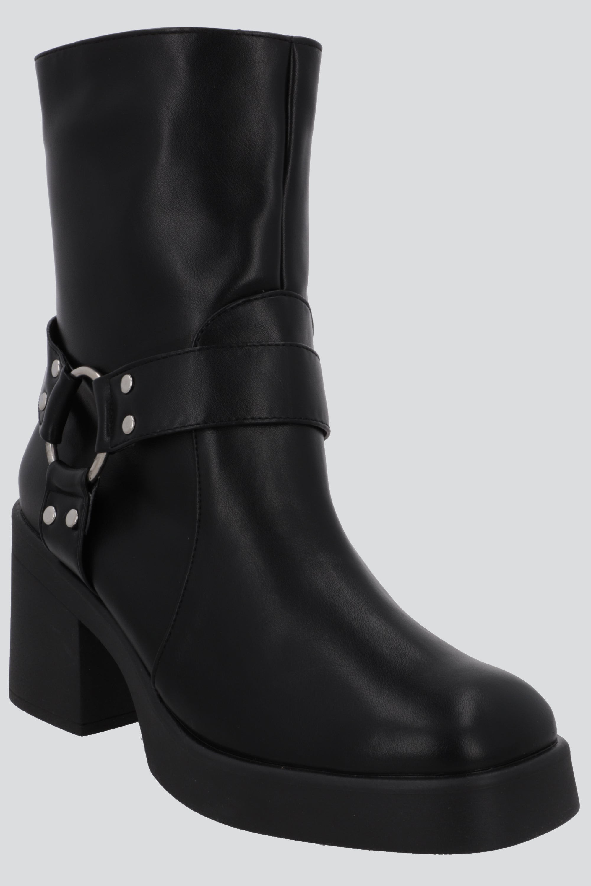 Botin biker hebilla redonda tacon bajo NEGRO