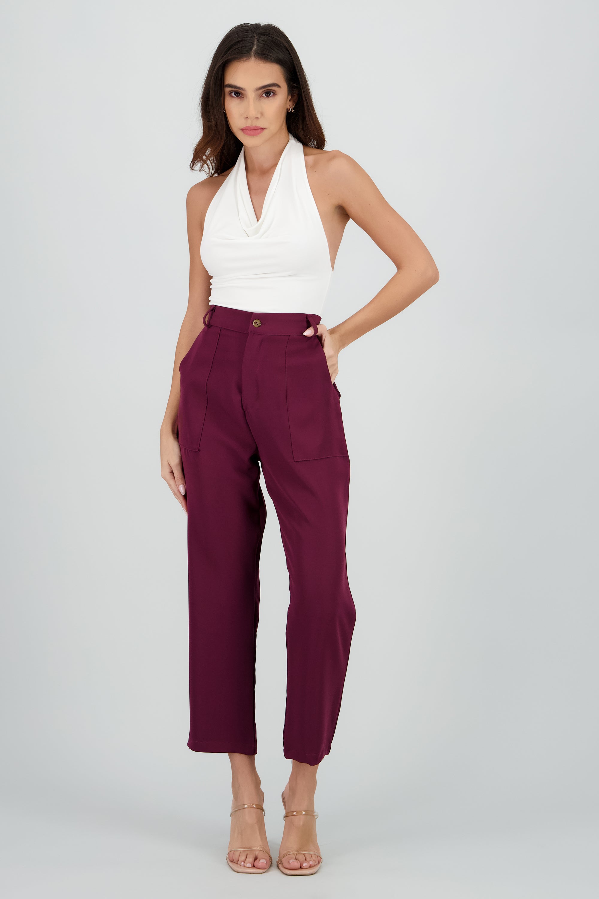 Pantalón Cintura Alta Capri Bolsas CIRUELA