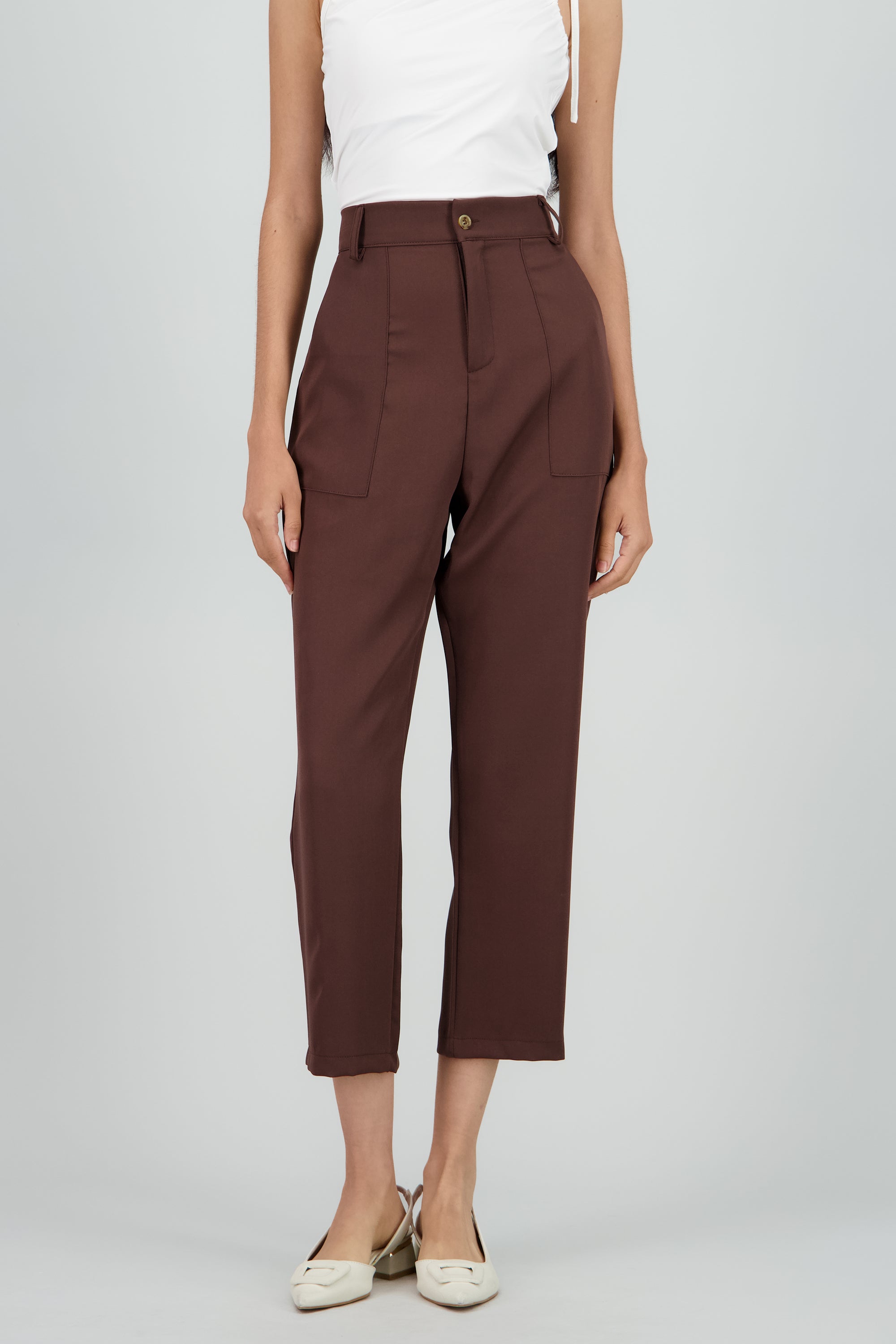 Pantalón Cintura Alta Capri Bolsas CHOCOLATE