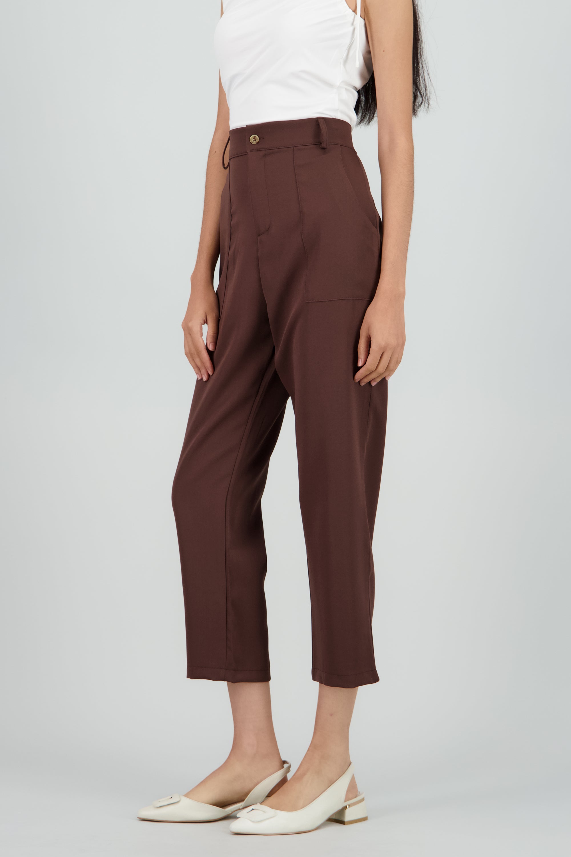 Pantalón Cintura Alta Capri Bolsas CHOCOLATE