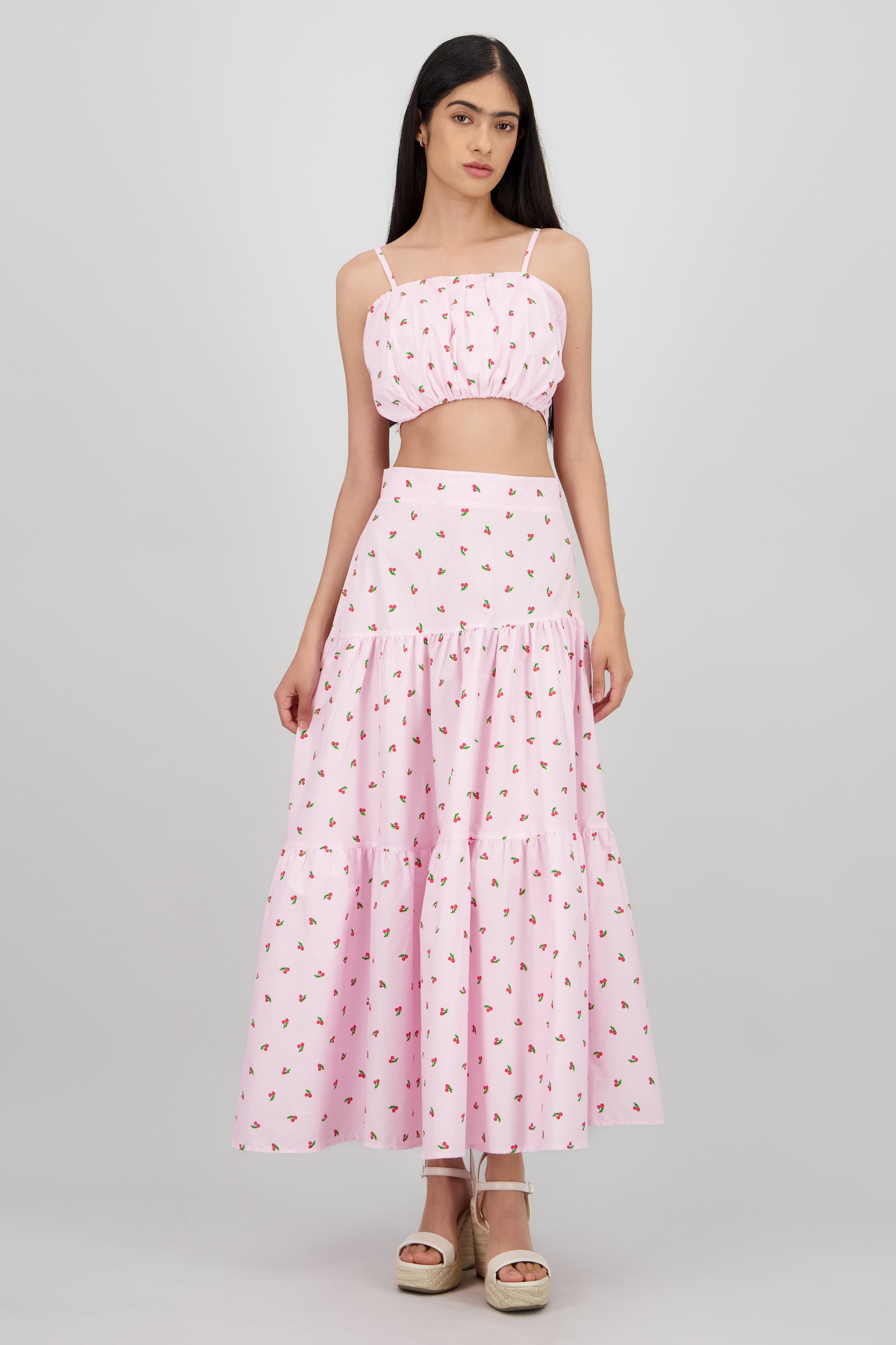 Falda midi olanes detalle frunces ROSA PASTEL