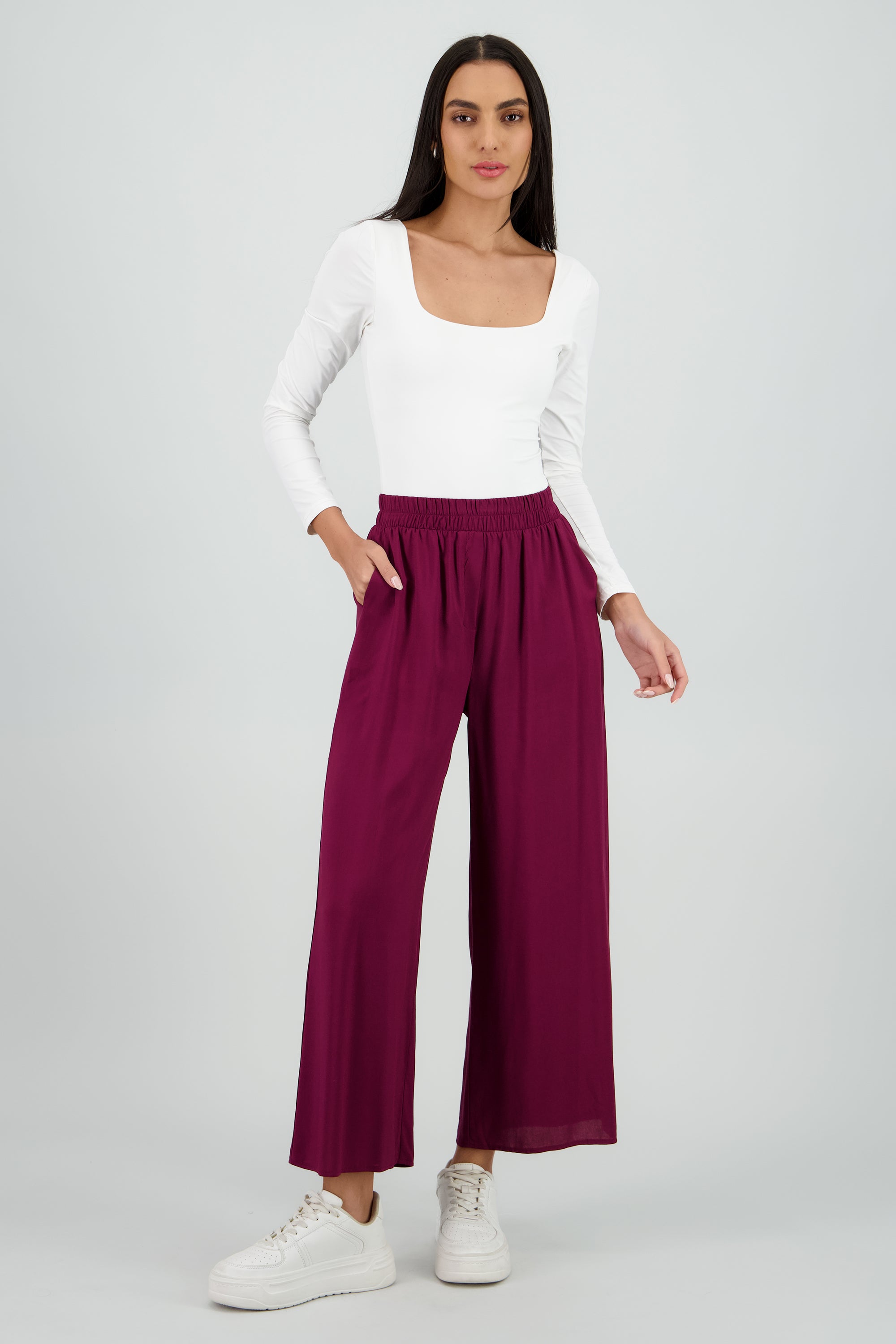 Pantalón Wide Leg Cintura Alta Fruncida CIRUELA