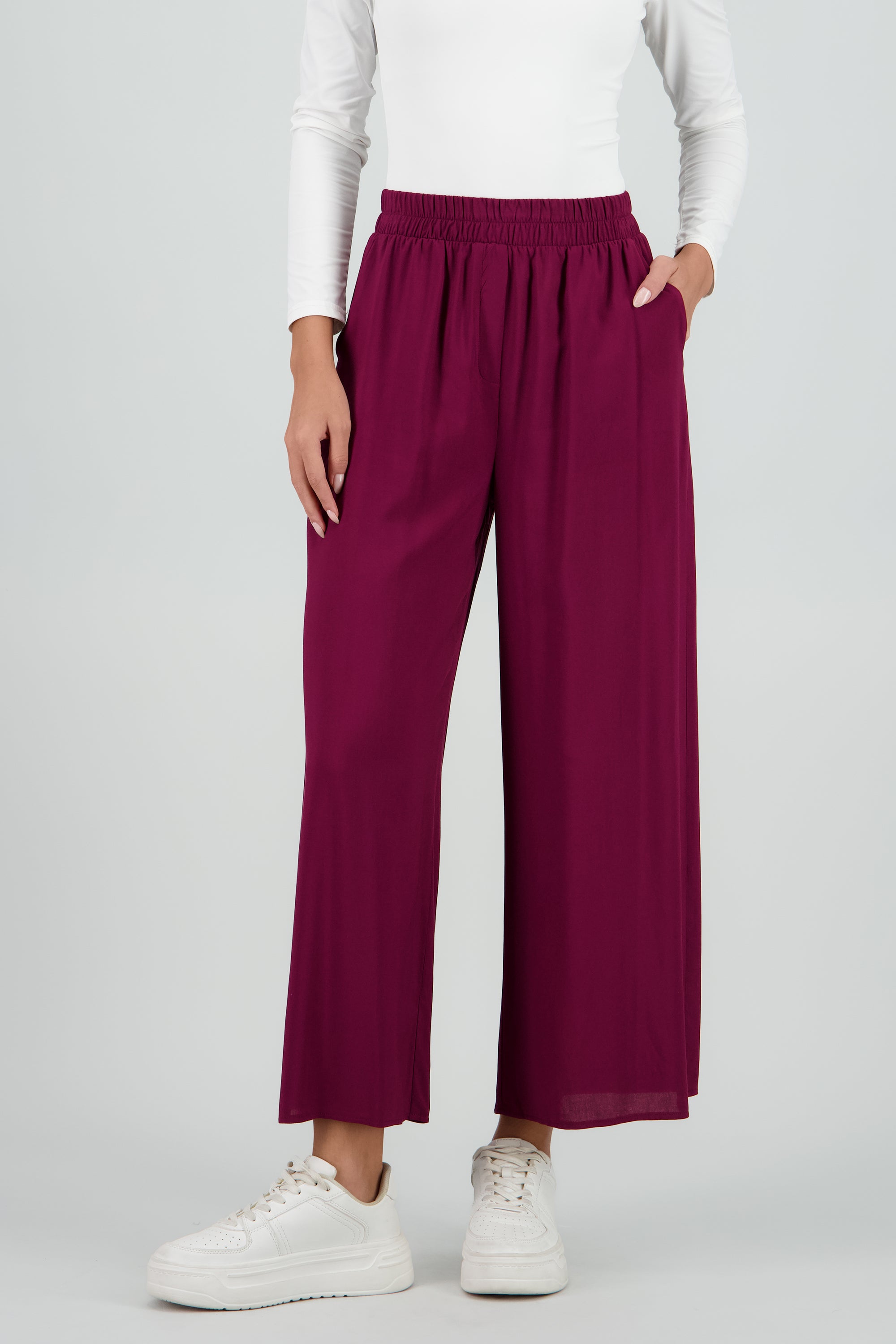 Pantalón Wide Leg Cintura Alta Fruncida CIRUELA
