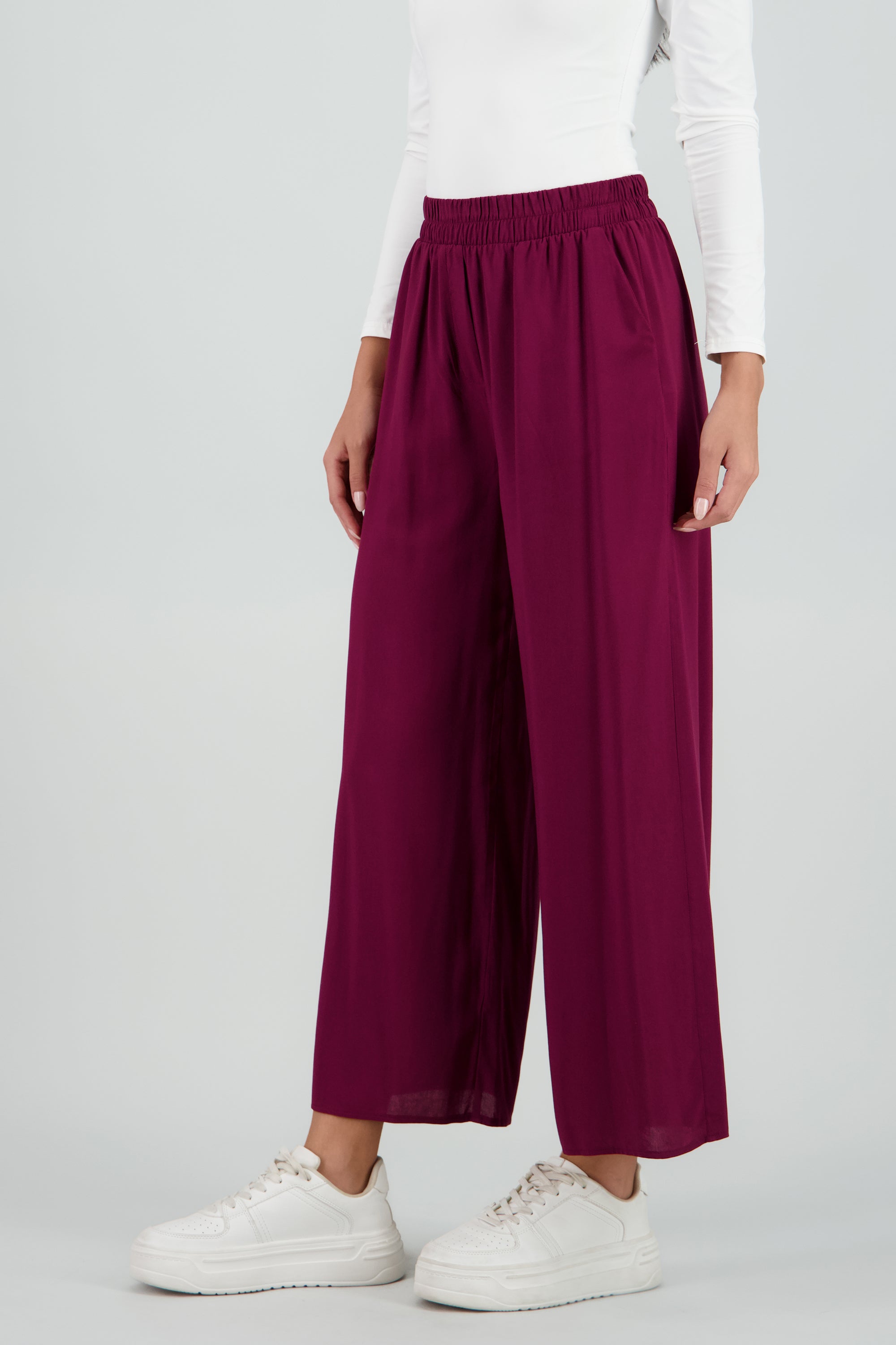 Pantalón Wide Leg Cintura Alta Fruncida CIRUELA