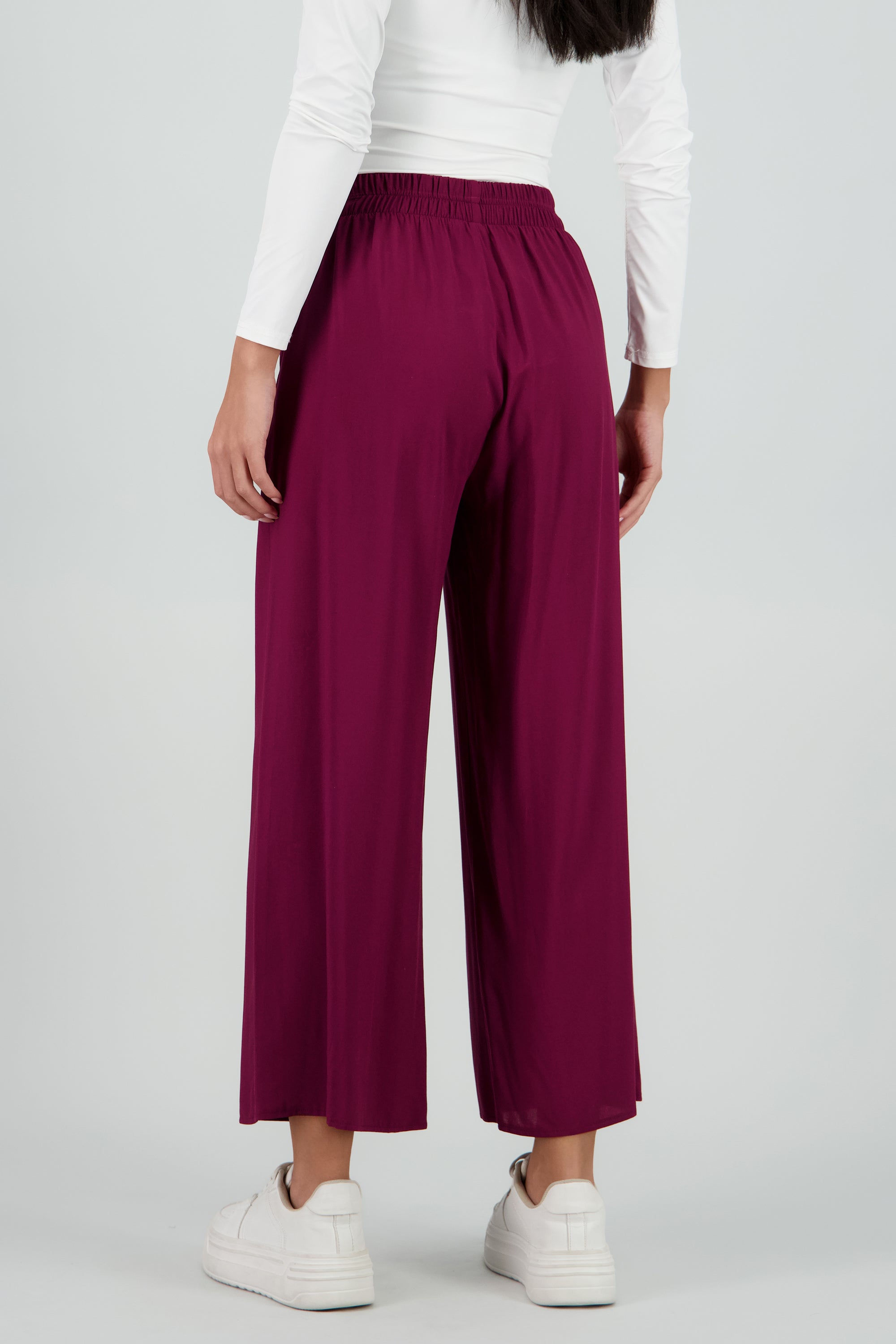 Pantalón Wide Leg Cintura Alta Fruncida CIRUELA