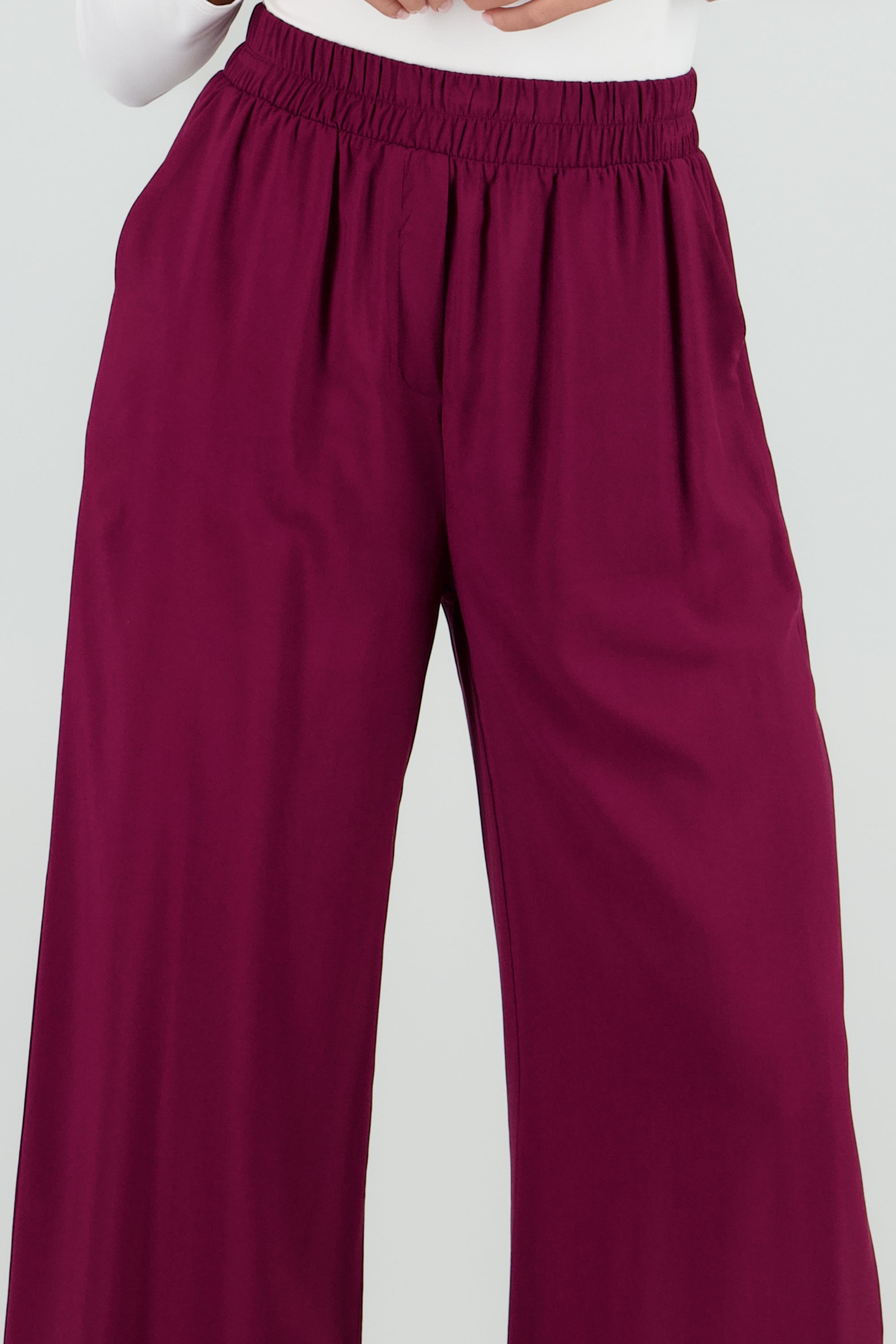 Pantalón Wide Leg Cintura Alta Fruncida CIRUELA