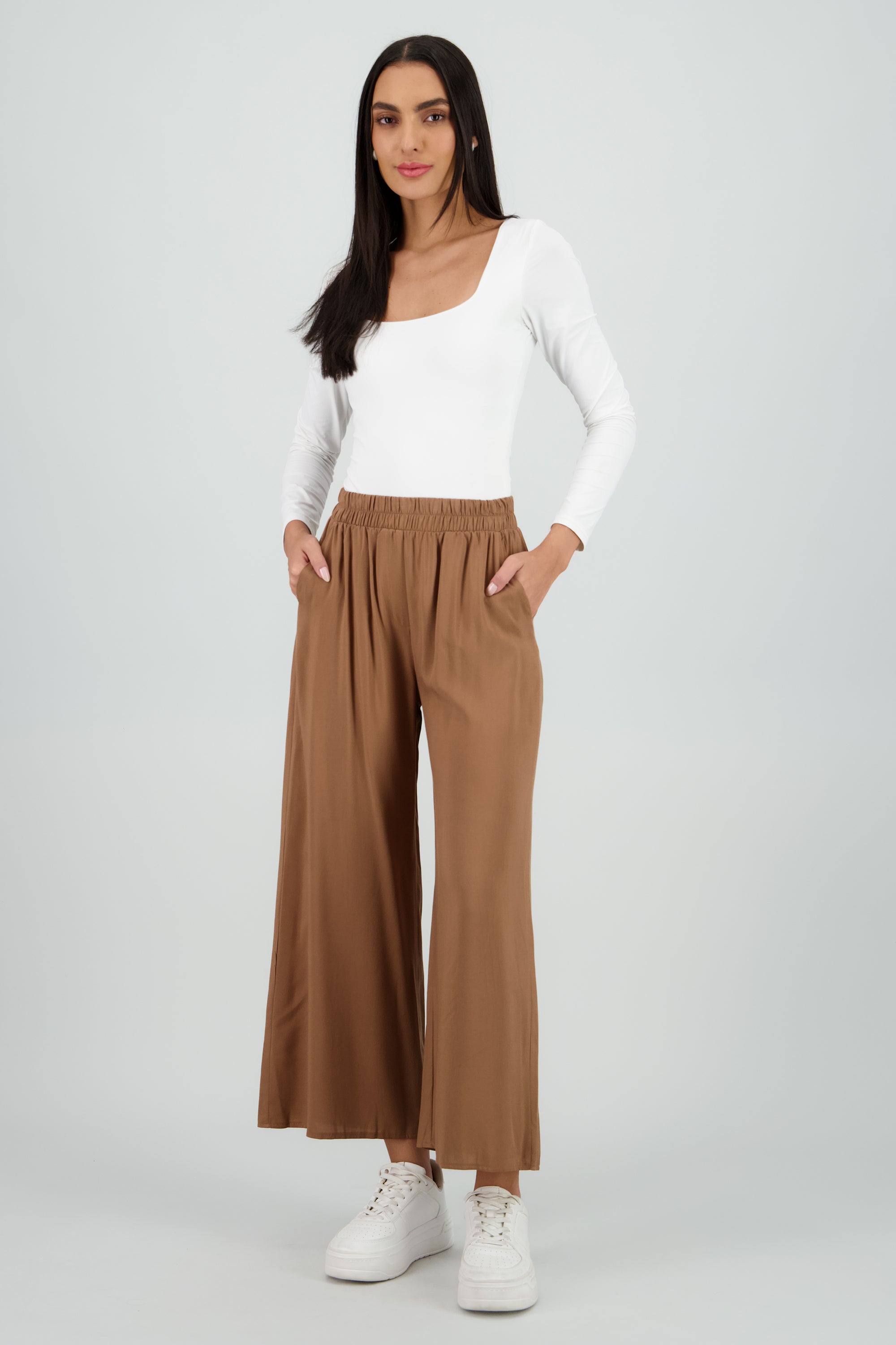 Pantalón Wide Leg Cintura Alta Fruncida CAFE