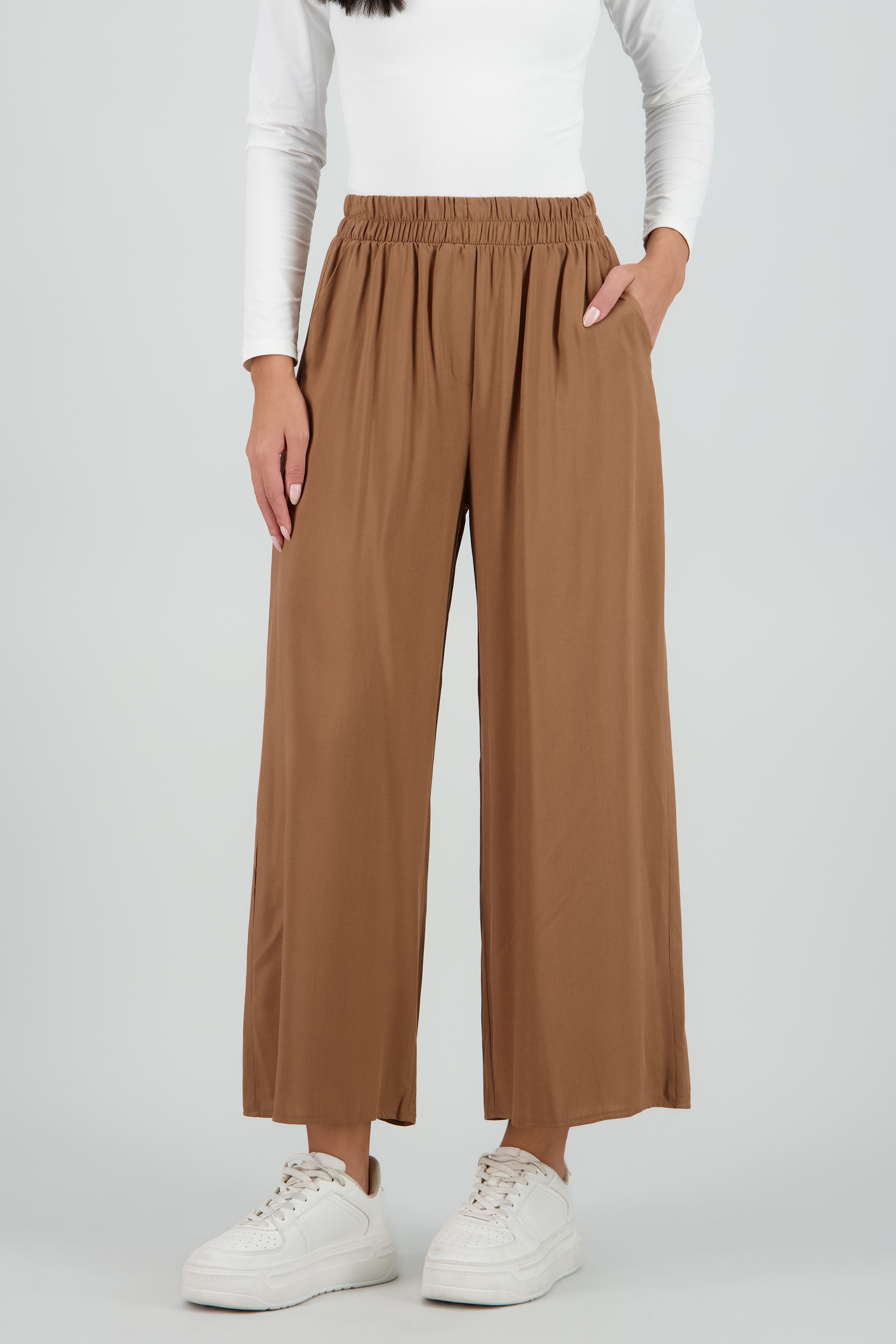 Pantalón Wide Leg Cintura Alta Fruncida CAFE