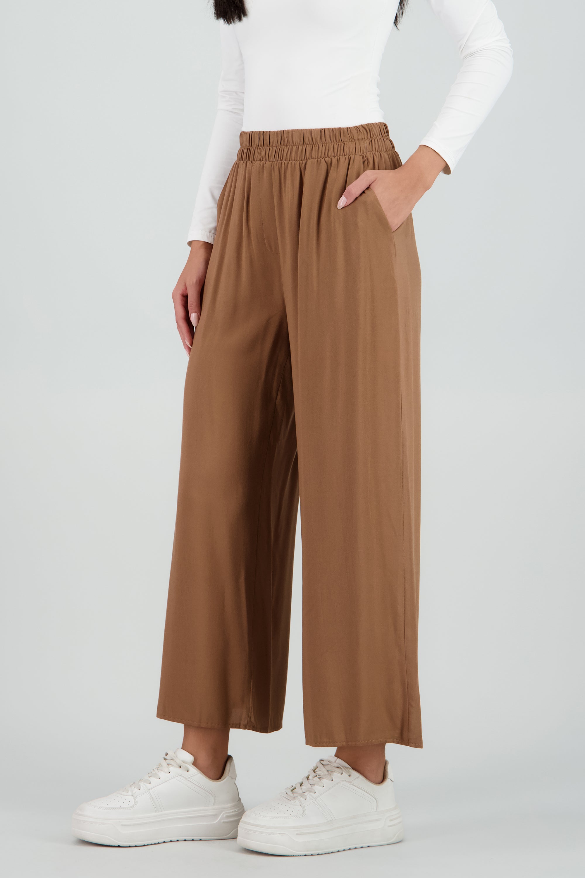 Pantalón Wide Leg Cintura Alta Fruncida CAFE
