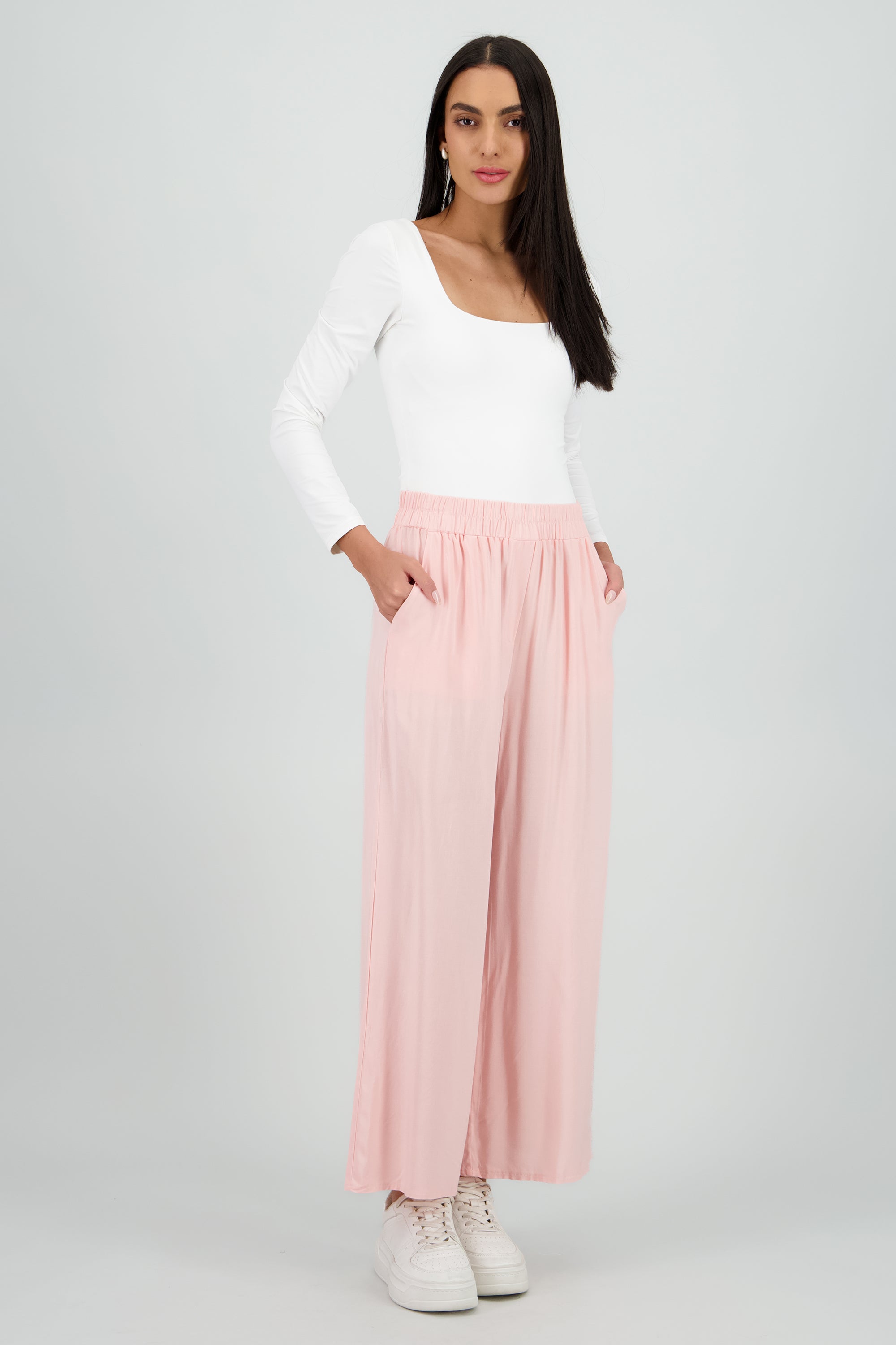 Pantalón Wide Leg Cintura Alta Fruncida ROSA PASTEL
