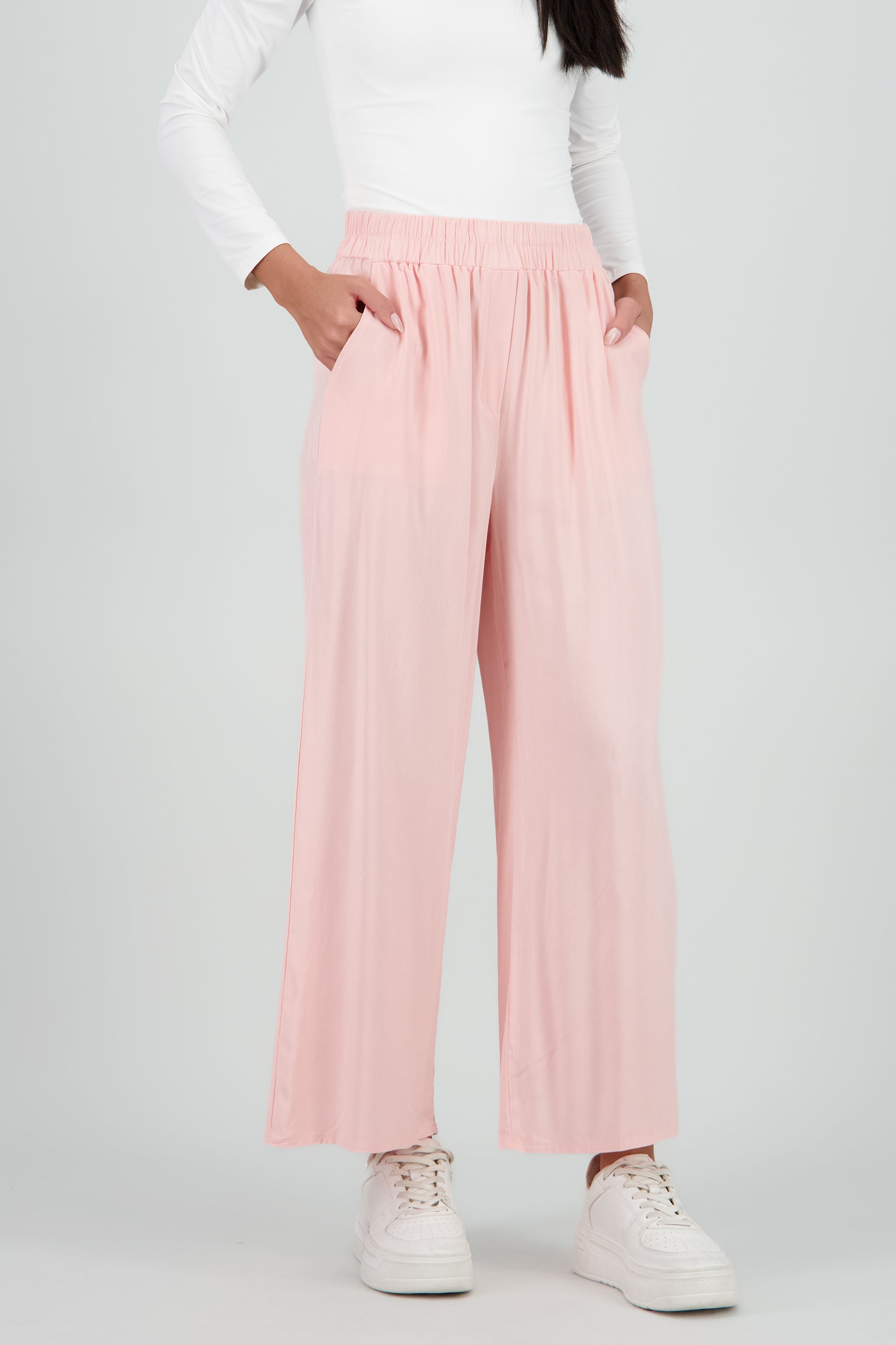Pantalón Wide Leg Cintura Alta Fruncida ROSA PASTEL